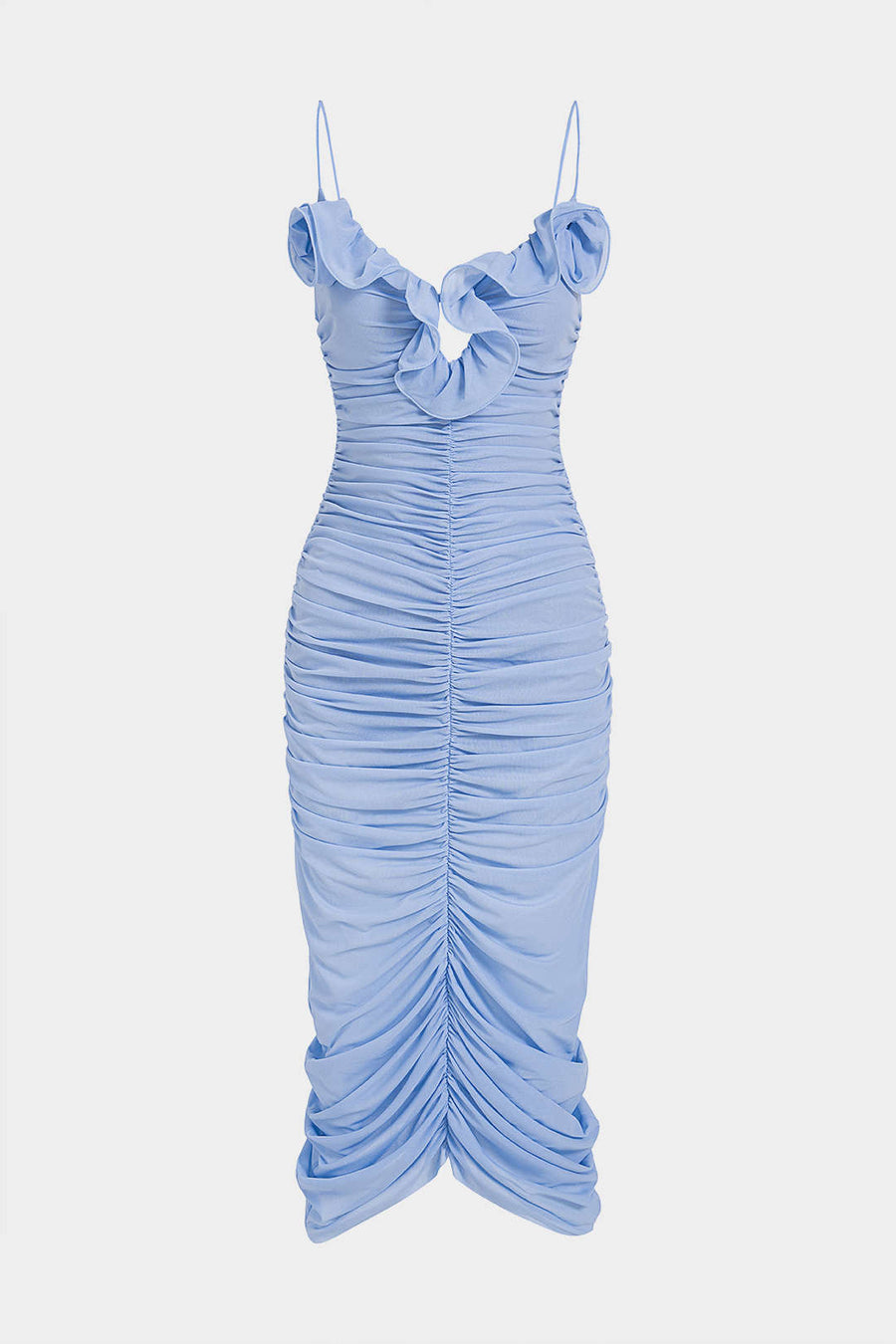 Scallop Edge Mesh Ruched Sleeveless Midi Dress