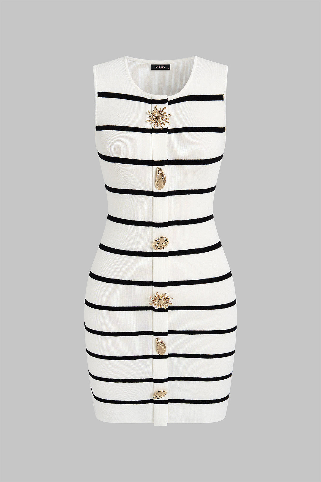 Knit Stripes Print Irregular Metallic Button Sleeveless Mini Dress