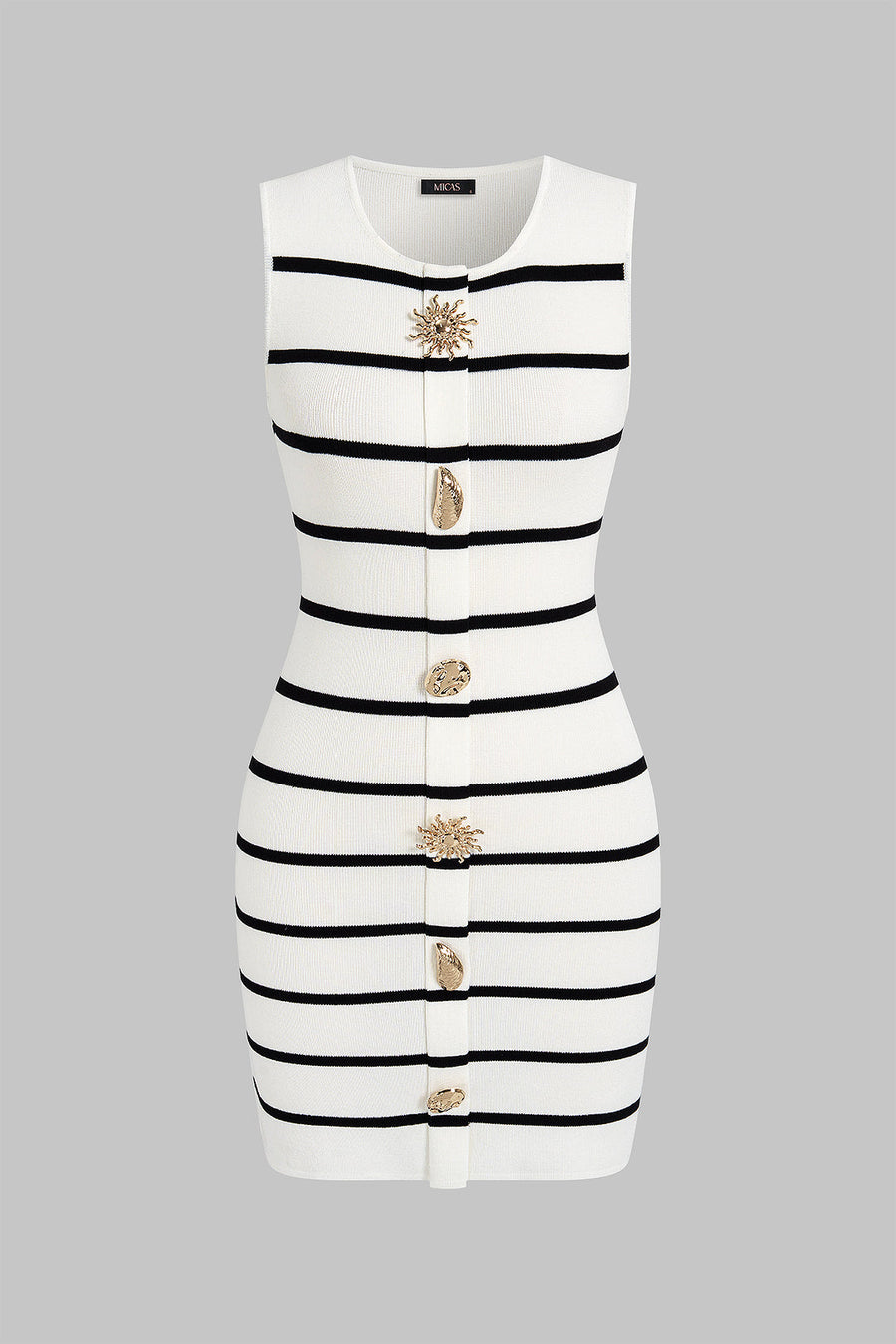 Knit Stripes Print Irregular Metallic Button Sleeveless Mini Dress