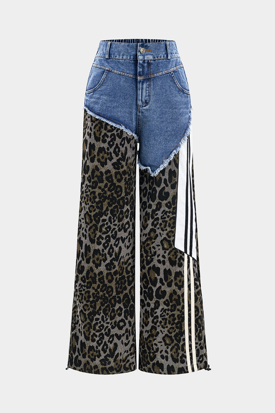 Leopard Print Denim Patchwork Button Pocket Wide Leg Jeans