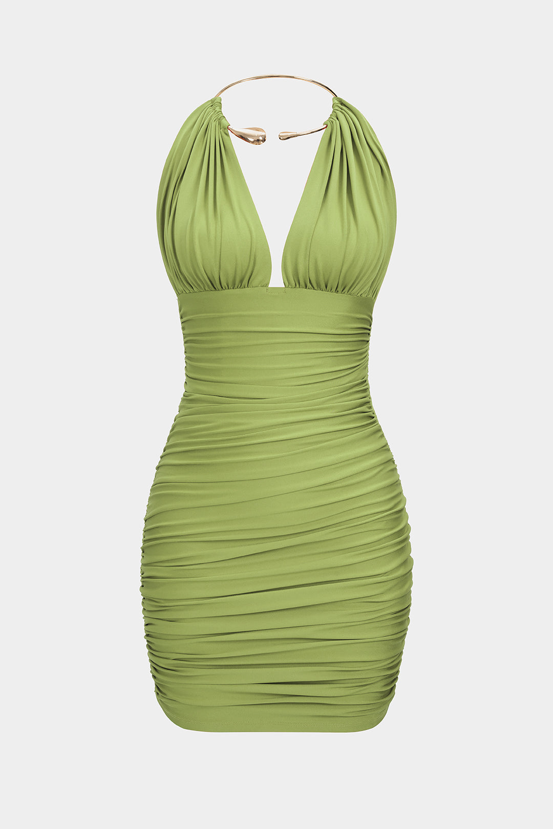 Metallic Halter Backless Ruched Sleeveless Mini Dress