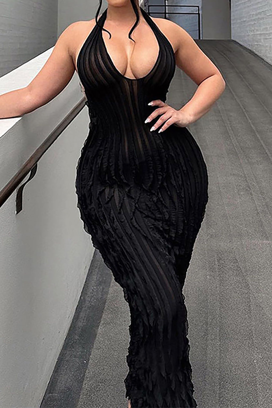 Sheer Mesh Ruffle Texture Halter Backless Maxi Dress