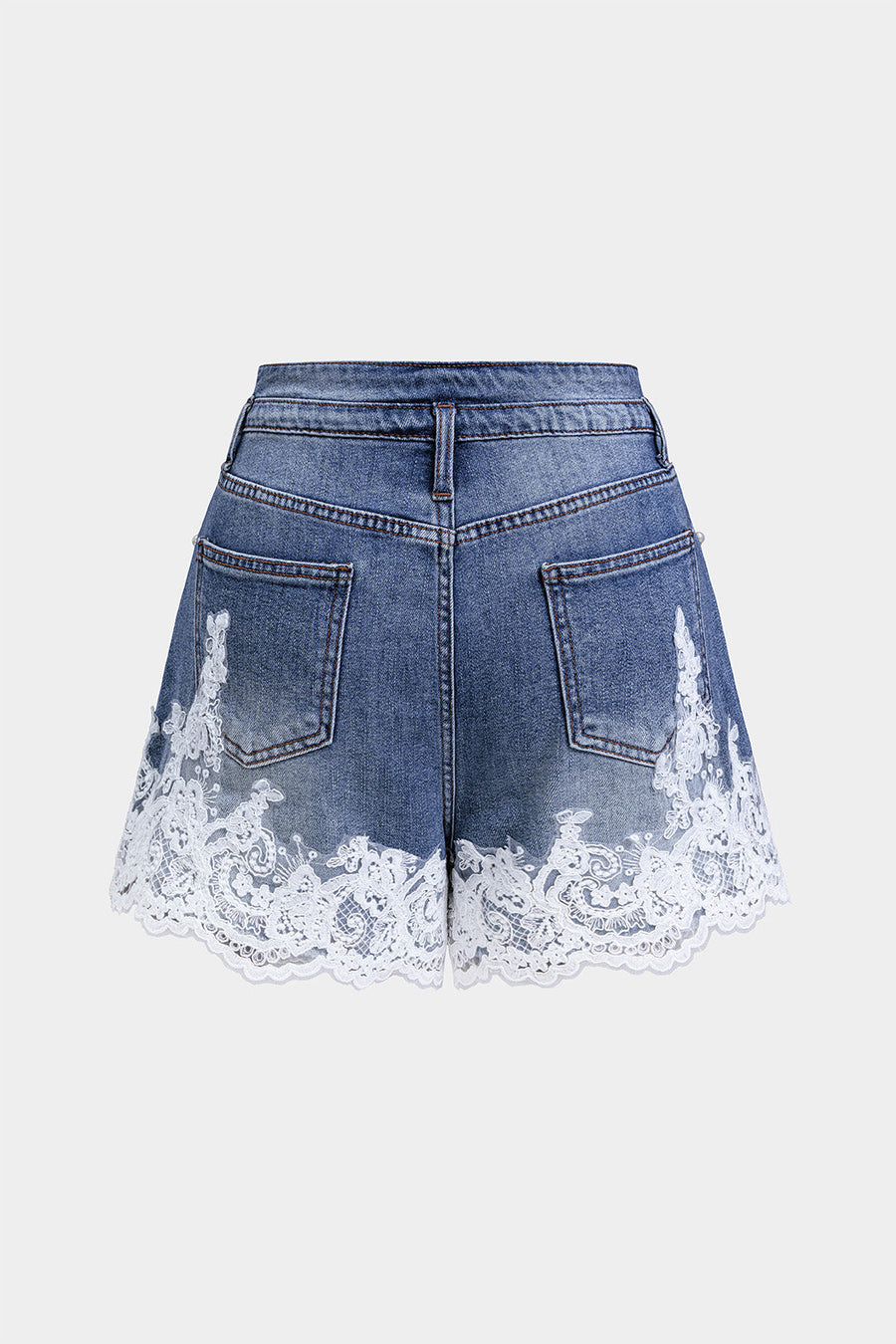 Denim Patchwork Lace Rhinestone Pearls Wide Leg Shorts