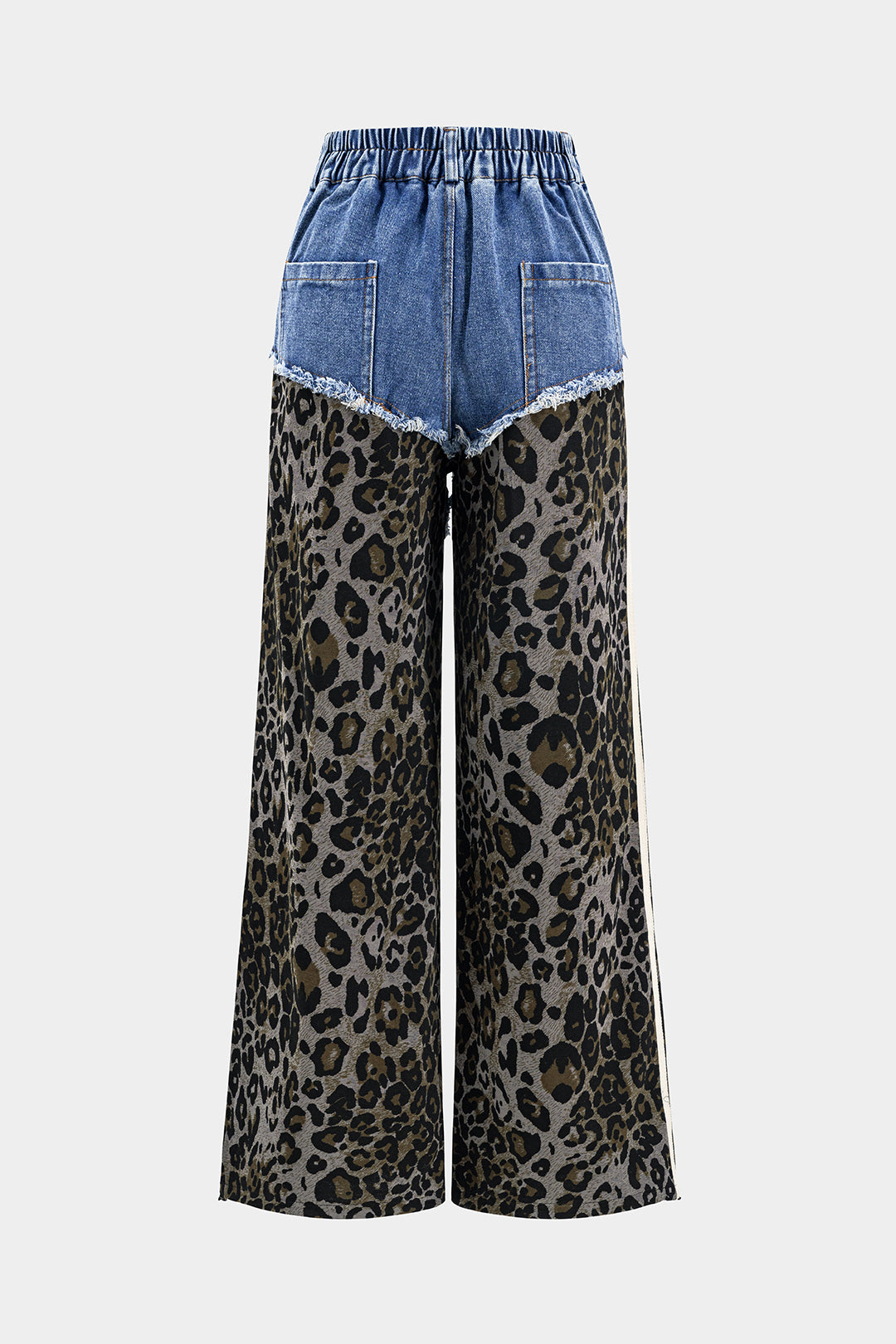 Leopard Print Denim Patchwork Button Pocket Wide Leg Jeans