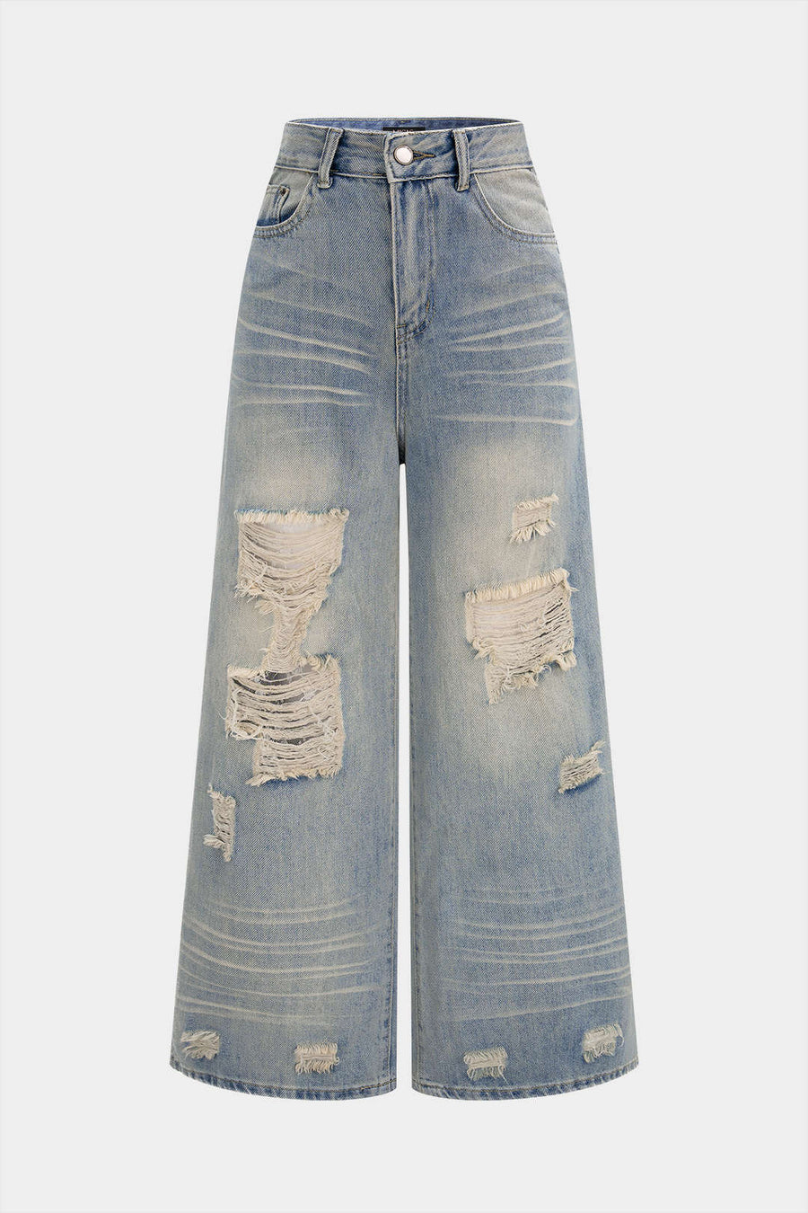 Asymmetriset, kuluneet, leveälahkeiset denimfarkut