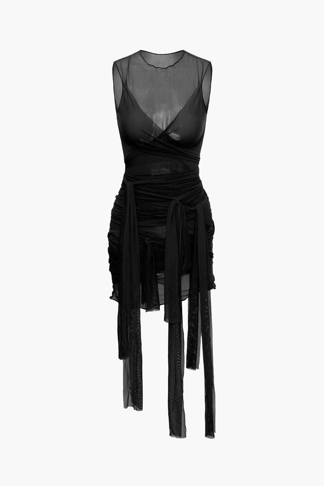 Sheer Mesh Wrap Tie Ribbon Midi Dress