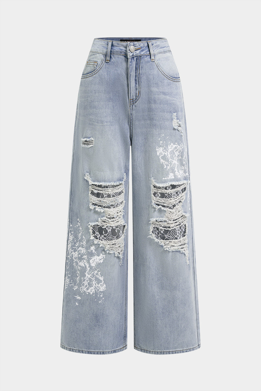 Denim Patchwork Lace Asymmetrical Cut Out Frayed High Waist Jeans
