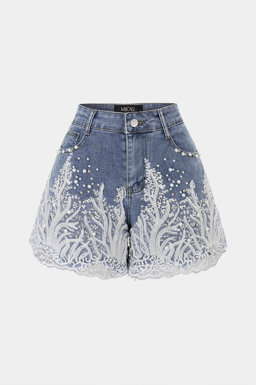 Denim Patchwork Lace Trim Wide Leg Shorts