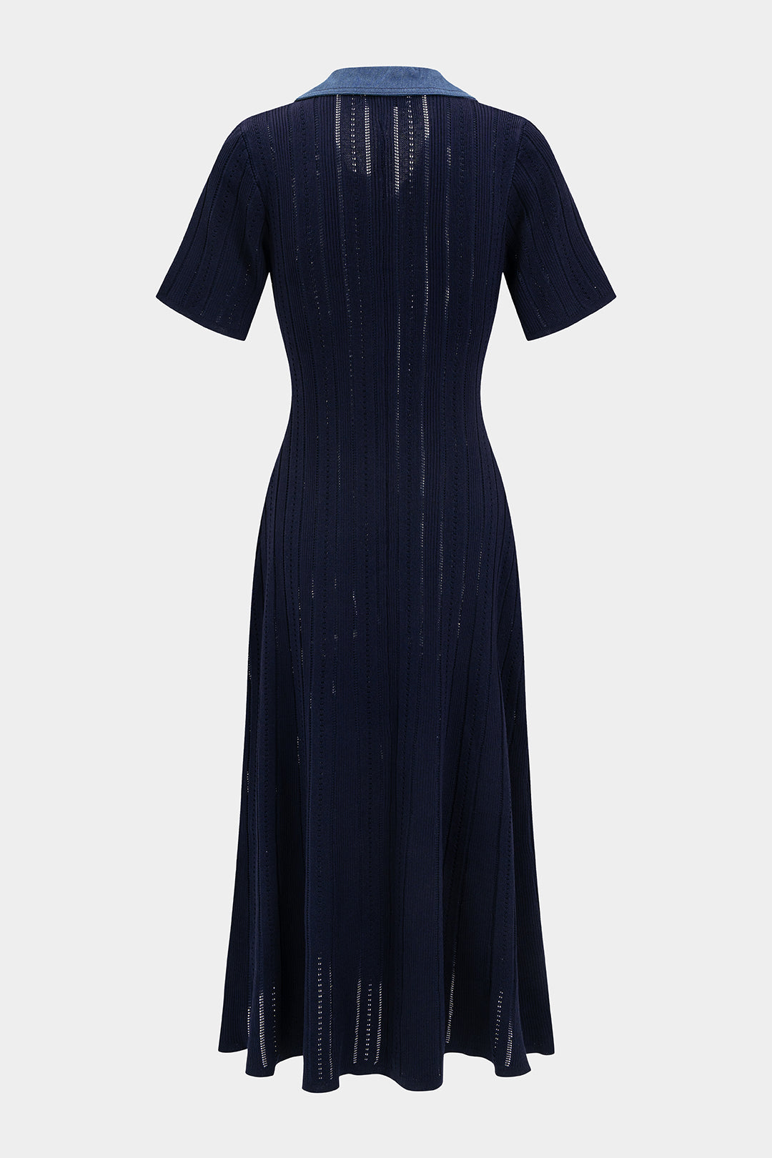 Open Knit Patchwork Denim Lapel Button Short Sleeve Maxi Dress