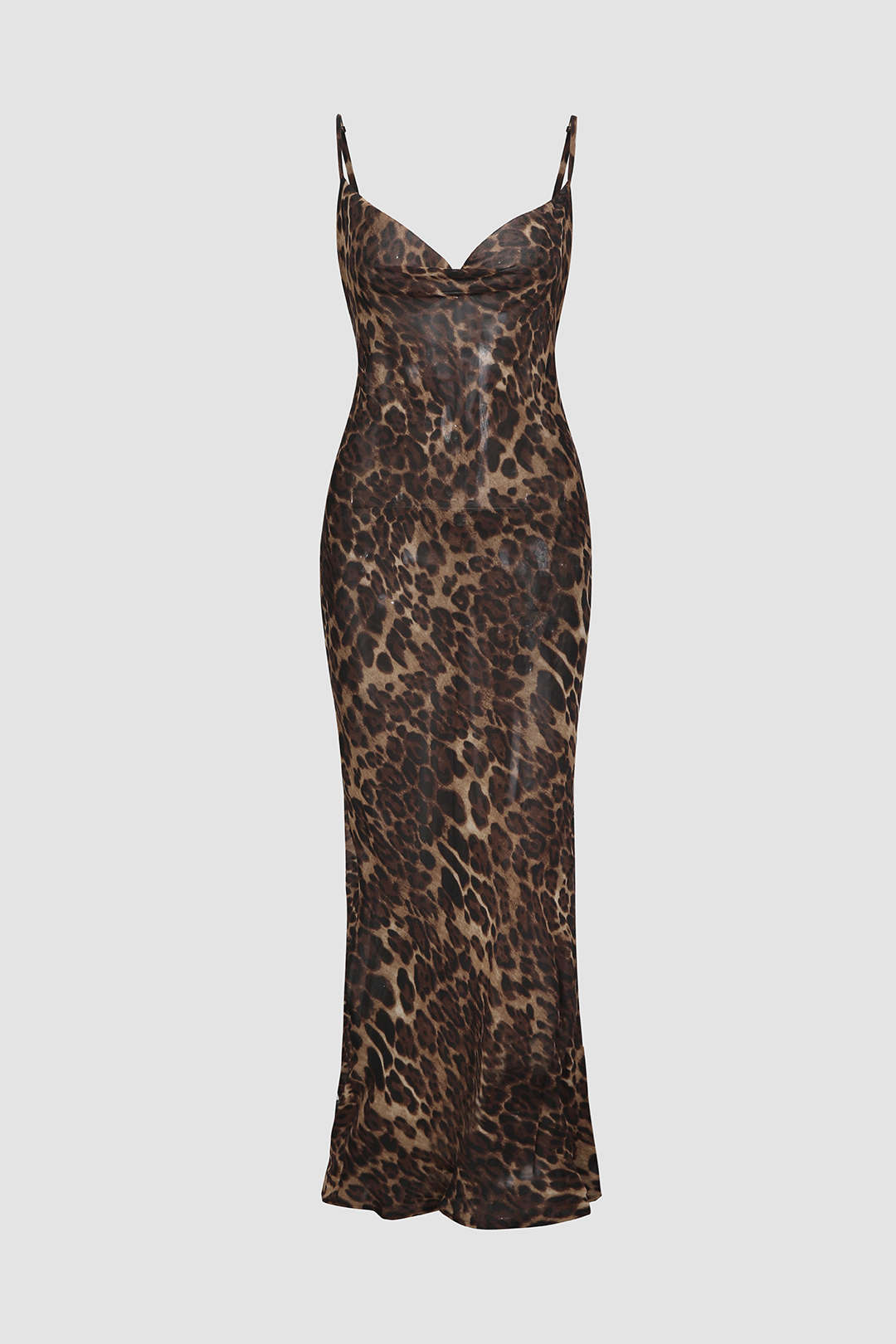 Leopard Print Sheer Draped Maxi Dress