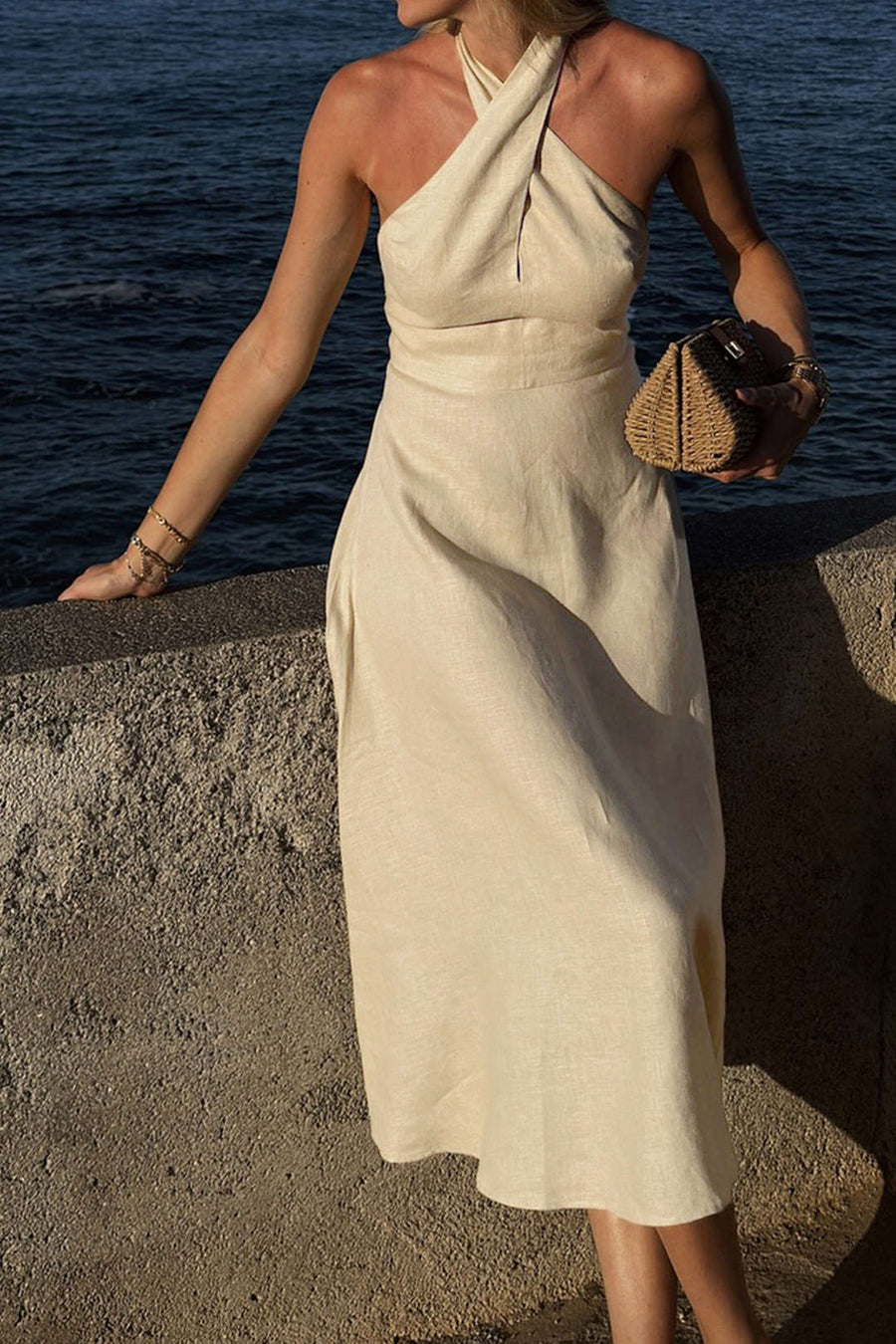 Linen Patchwork Crossed Halter Neck Ruched Sleeveless Midi Dress