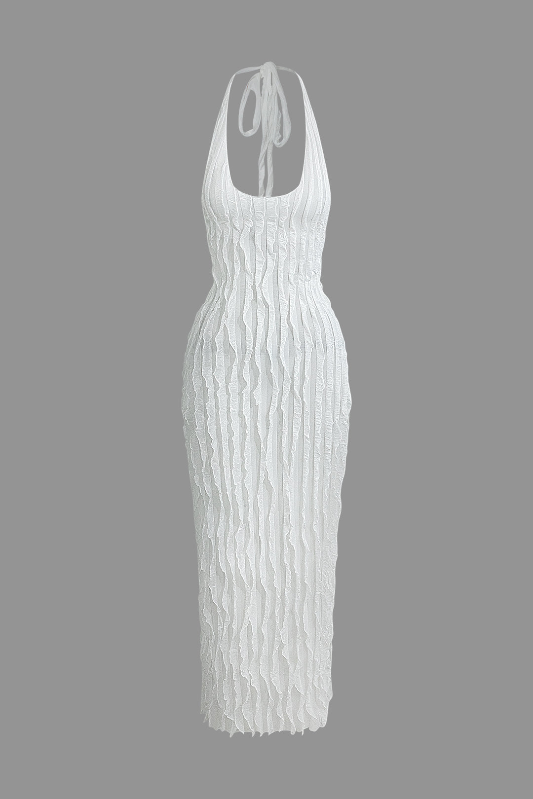Sheer Mesh Ruffle Texture Halter Backless Maxi Dress