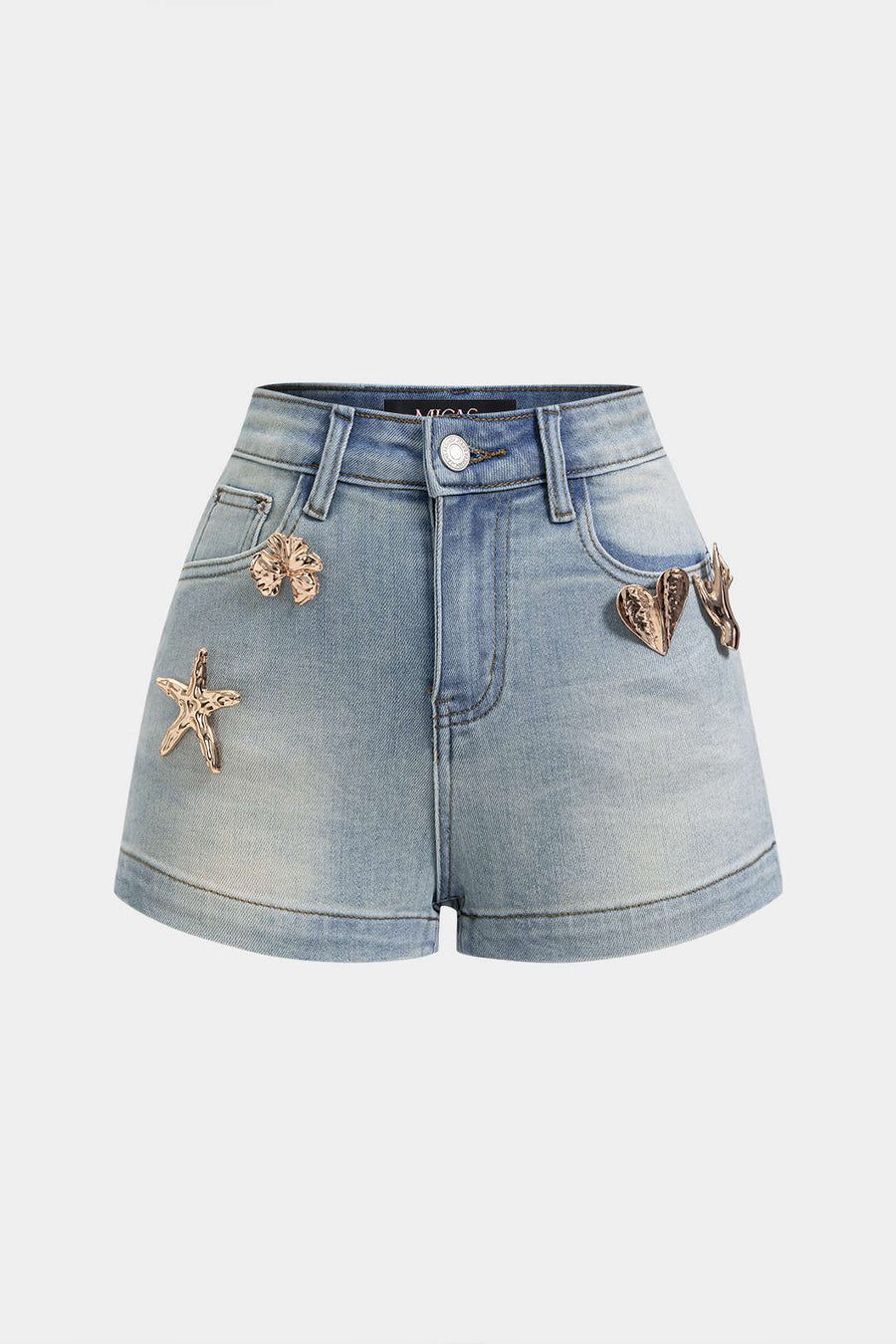 Denim Irregular Metallic Button Pocket Shorts