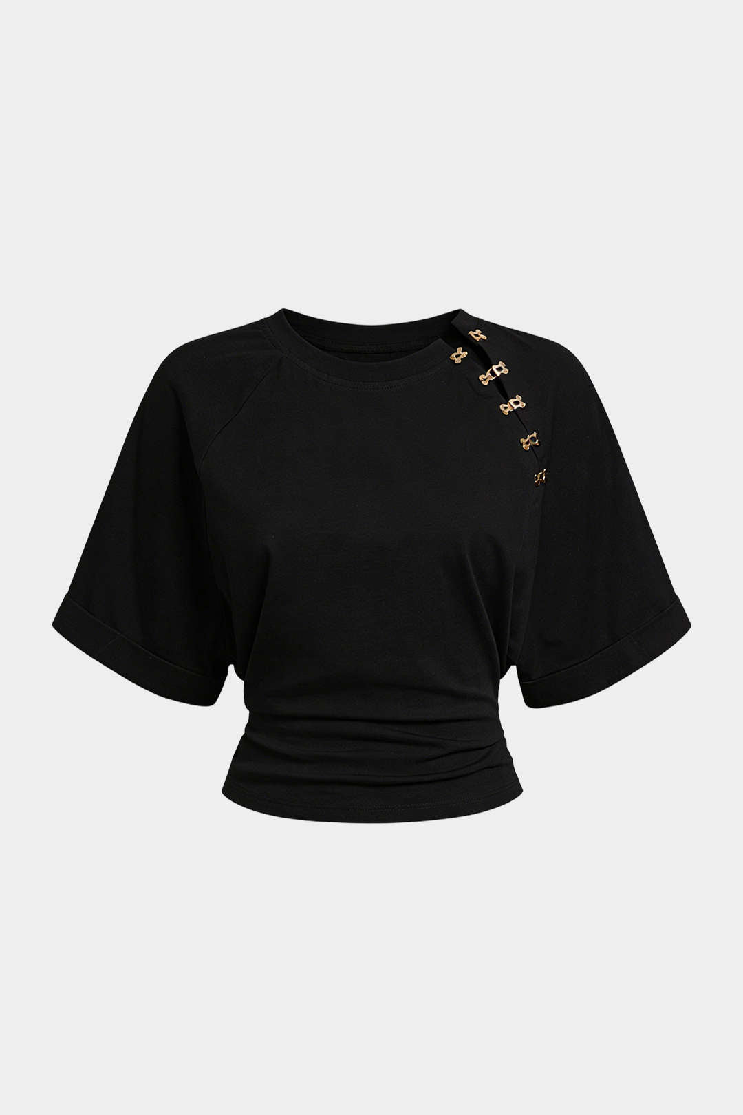 Metallic Buckle Round Neck Short Sleeve T-Shirt
