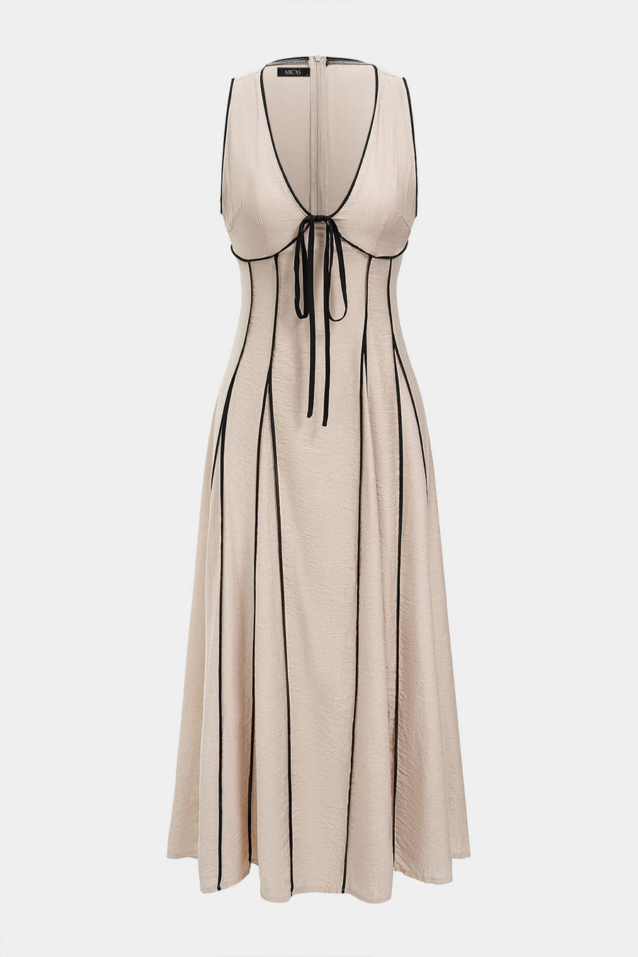 Contrast Binding V-Neck Tie-Up Sleeveless Maxi Dress