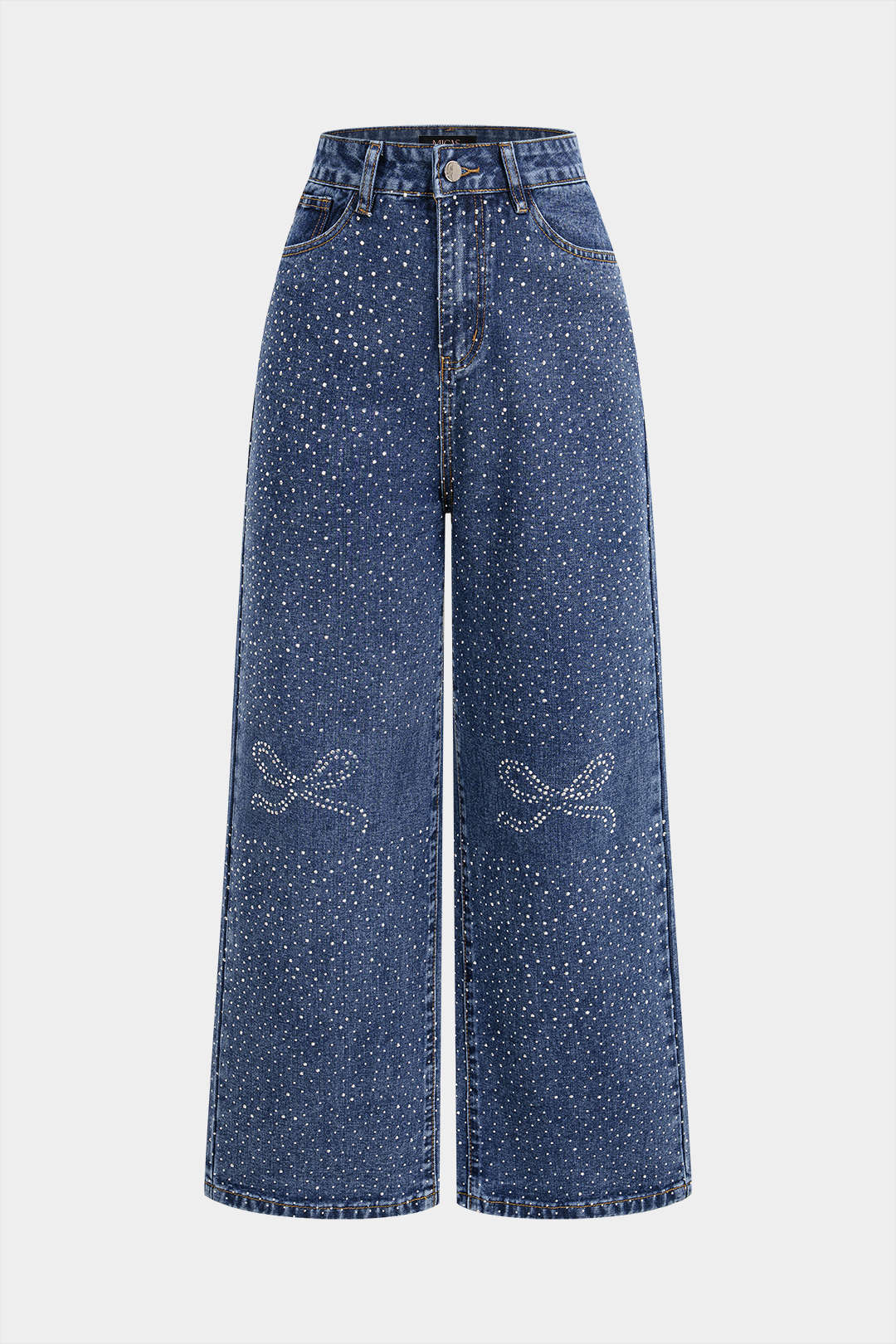 Denim-farkut, joissa on rusetti ja strassikivet sekä suorat lahkeet