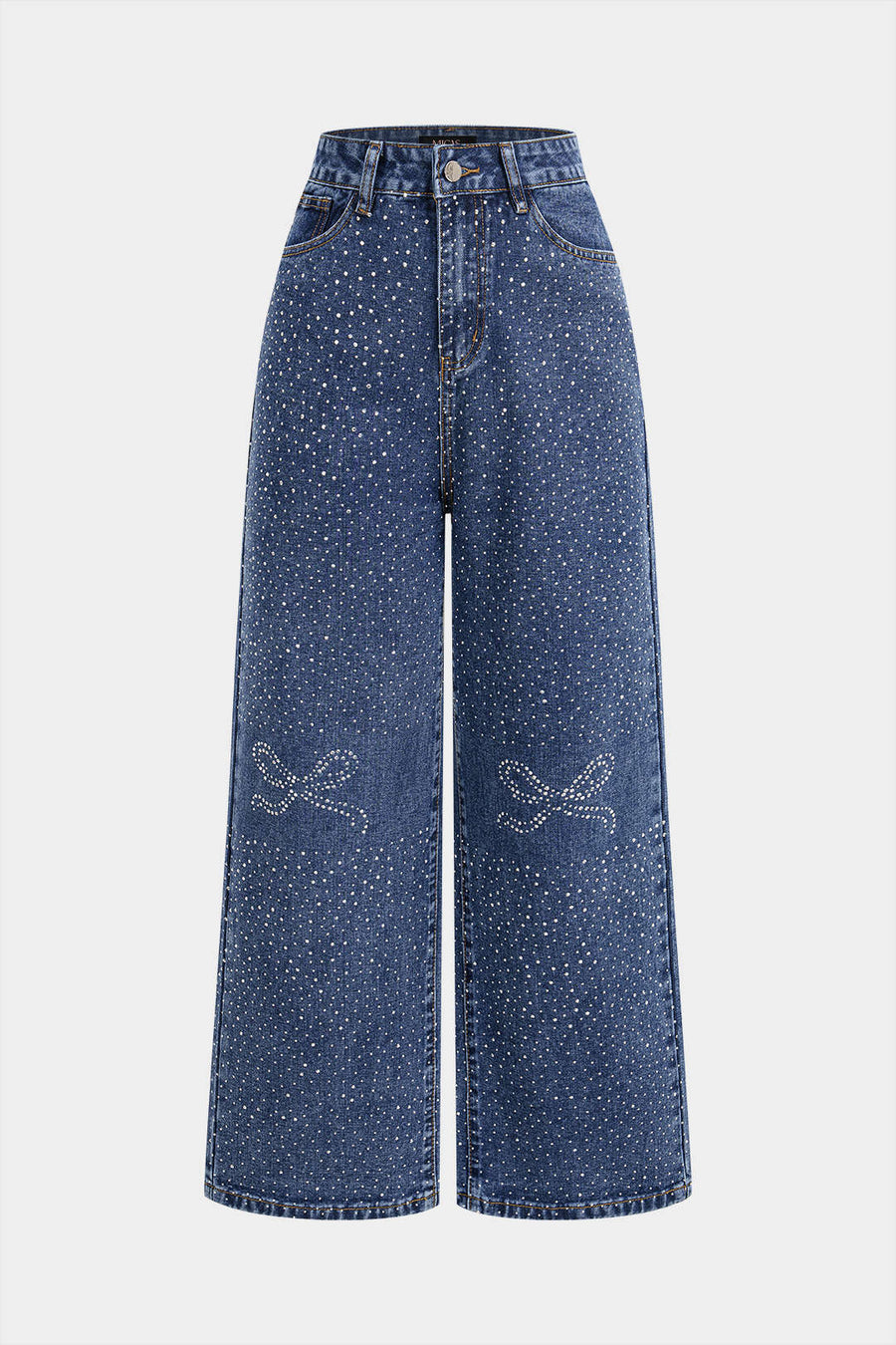 Denim-farkut, joissa on rusetti ja strassikivet sekä suorat lahkeet