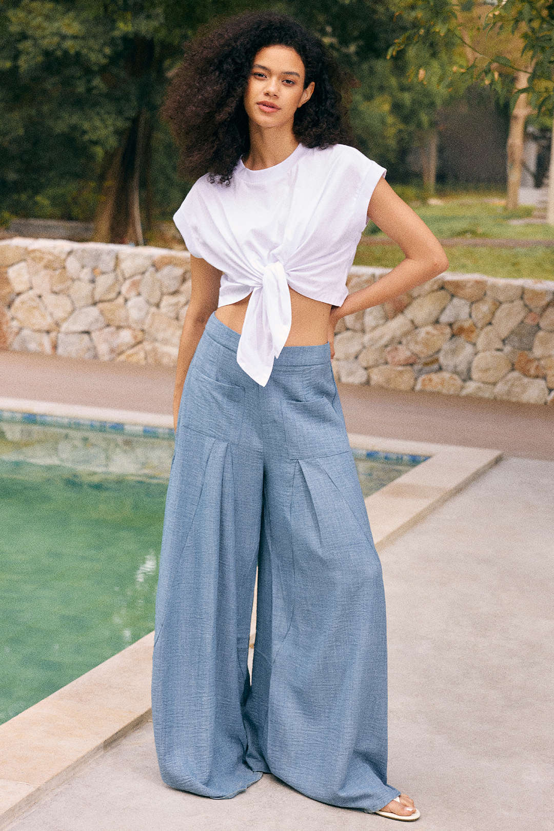 Ruched Zipper Pocket Wide Leg Trousers