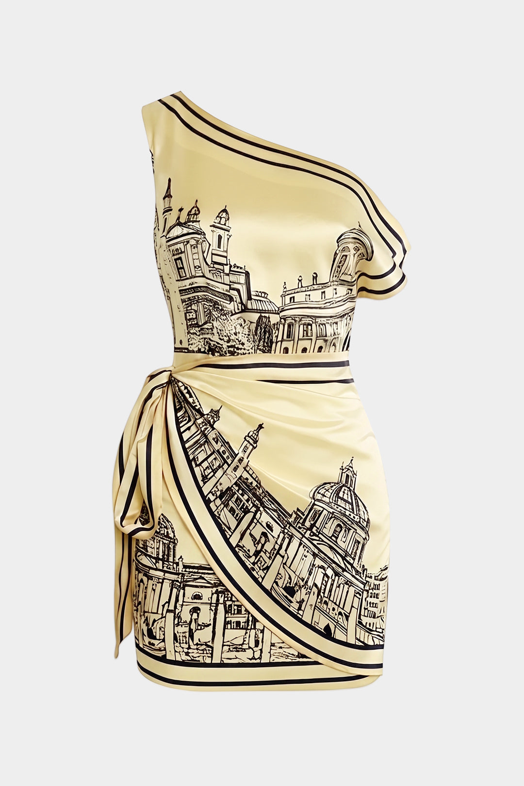 Pattern Print Satin One Shoulder Asymmetrical Tie-Up Sleeveless Midi Dress