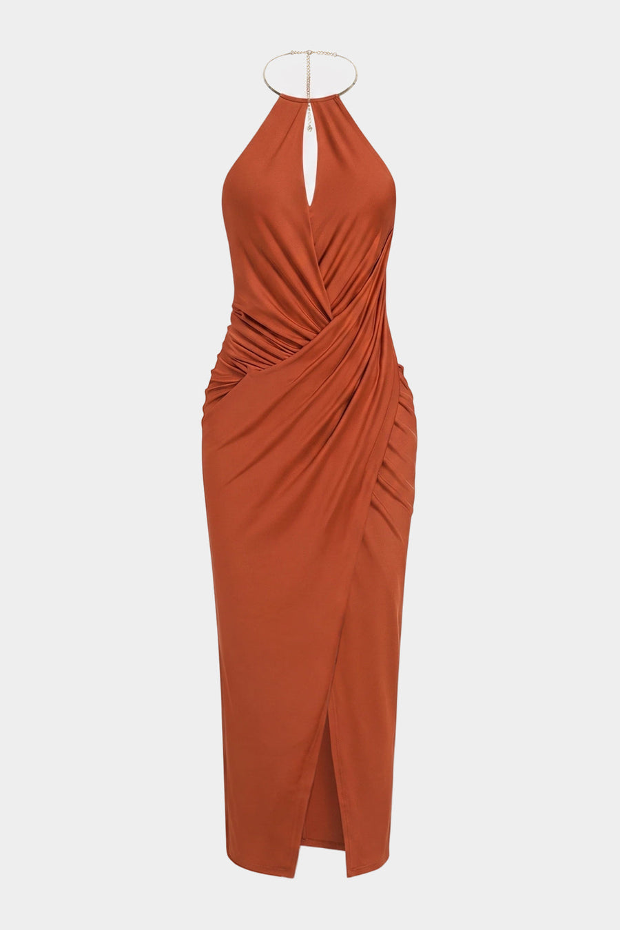 Metallic Halter Neck V-Neck Ruched Sleeveless Maxi Dress