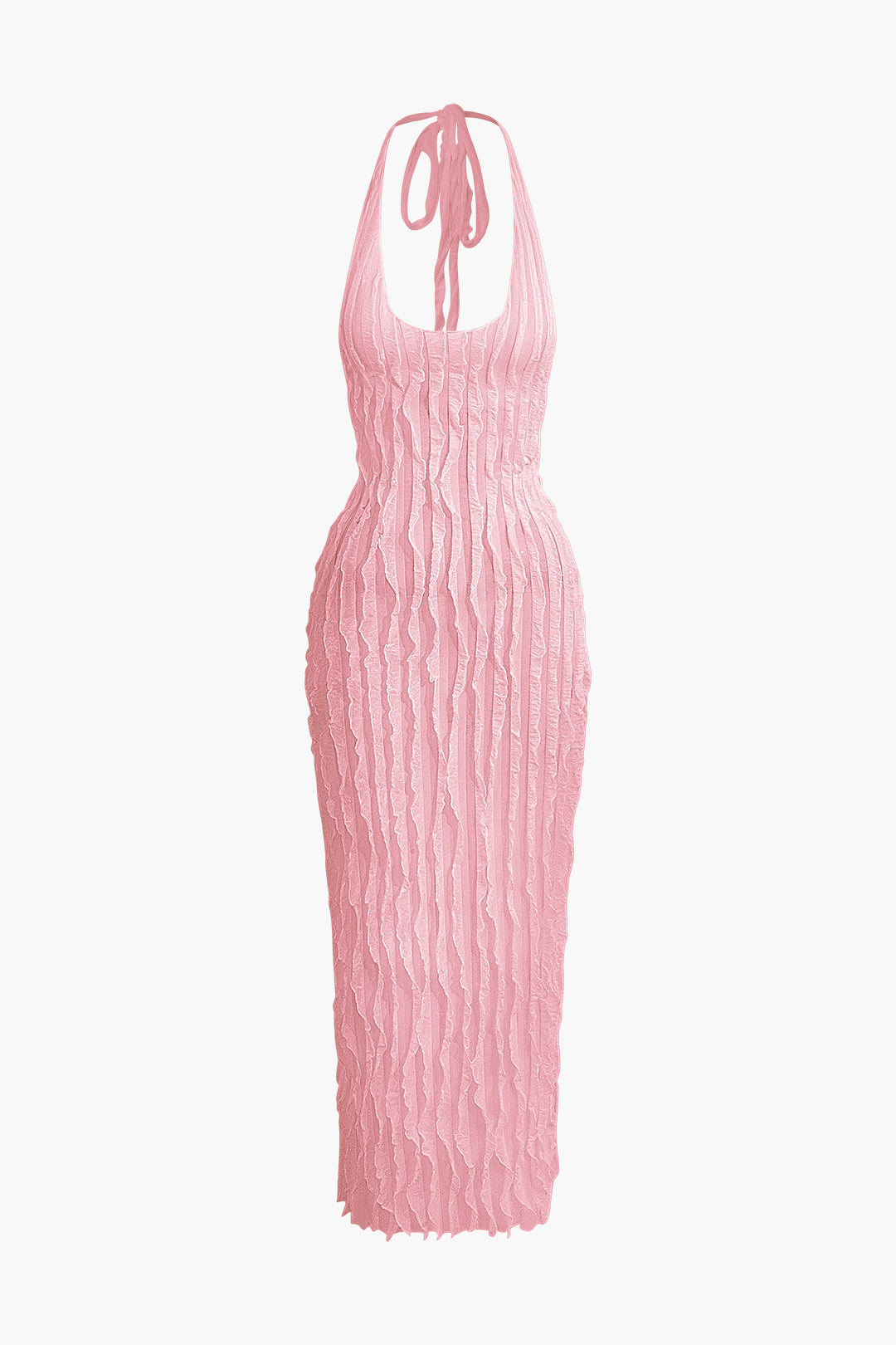 Sheer Mesh Ruffle Texture Halter Backless Maxi Dress