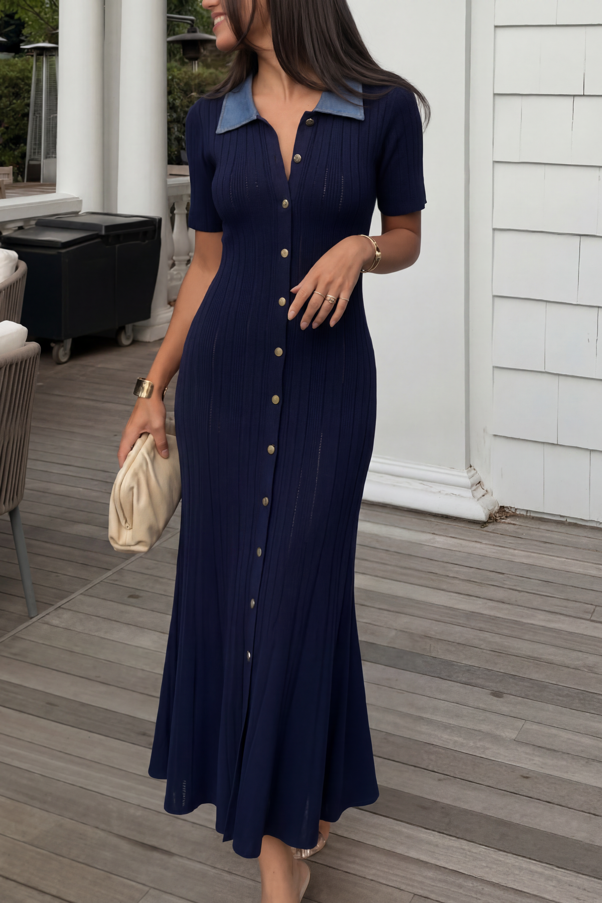Open Knit Patchwork Denim Lapel Button Short Sleeve Maxi Dress
