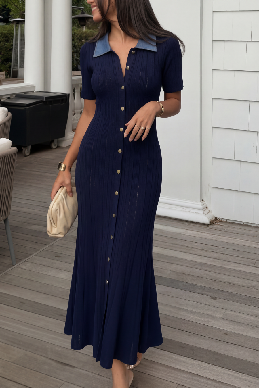 Open Knit Patchwork Denim Lapel Button Short Sleeve Maxi Dress