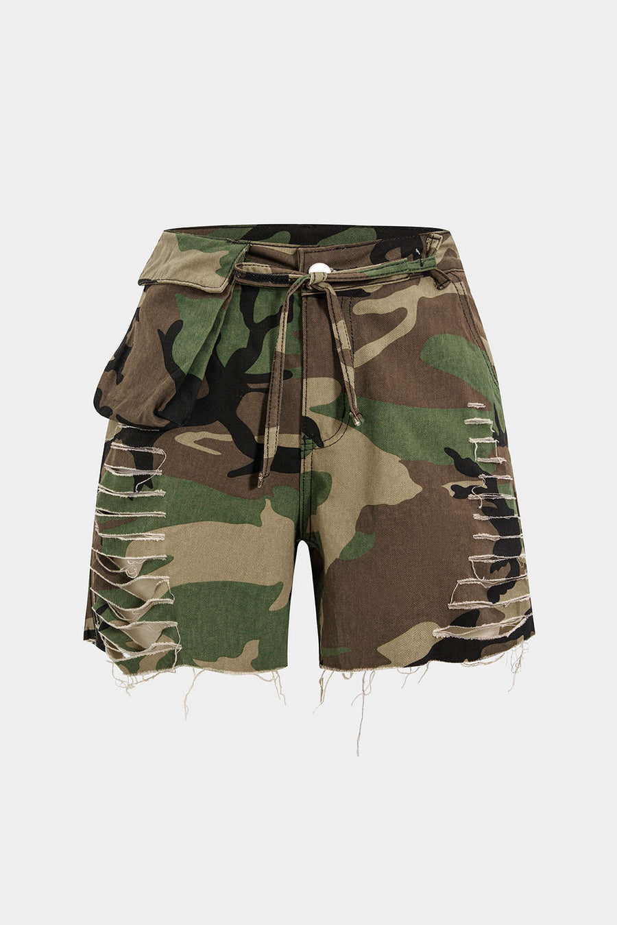 Camo-kuvioiset kuluneet cargo-shortsit