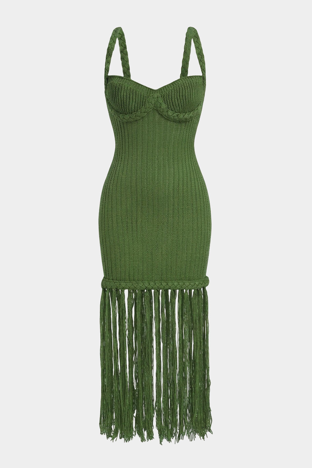 Open Knit Braided Fringe Slip Sleeveless Midi Dress