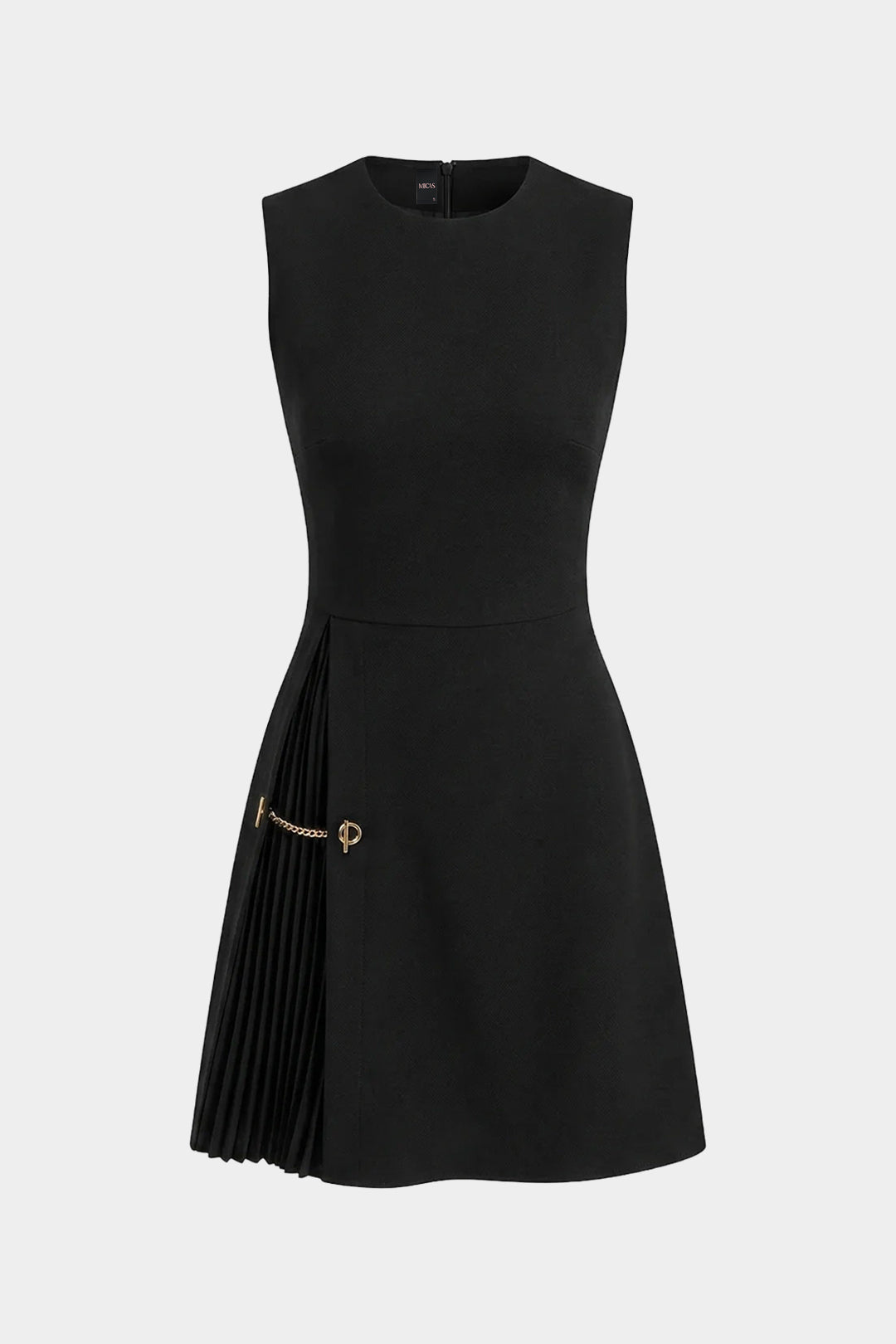 Metallic Chain Round Neck Pleated Sleeveless Mini Dress