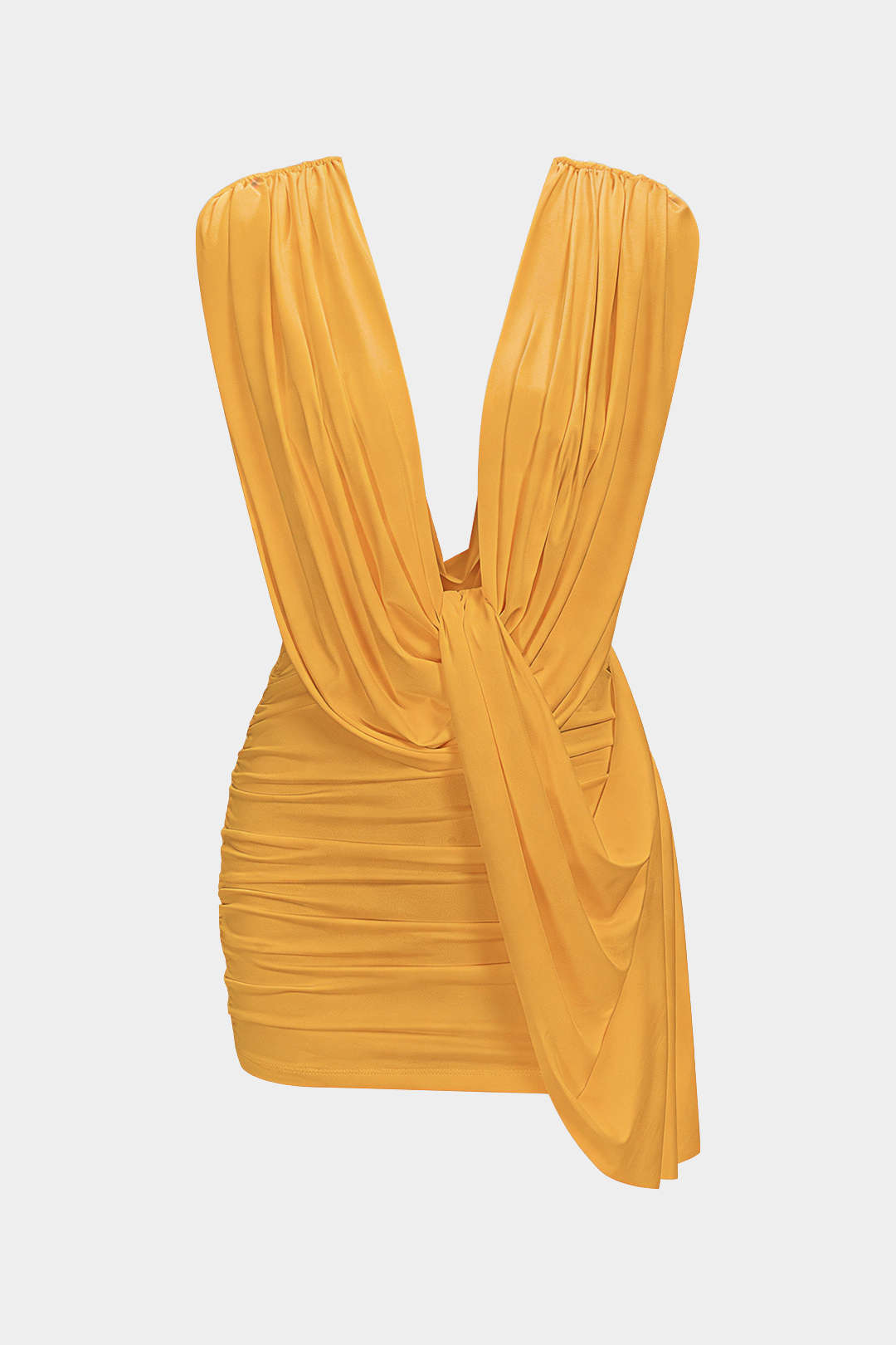 Ruched Draped Cowl Neck Asymmetrical Sleeveless Mini Dress