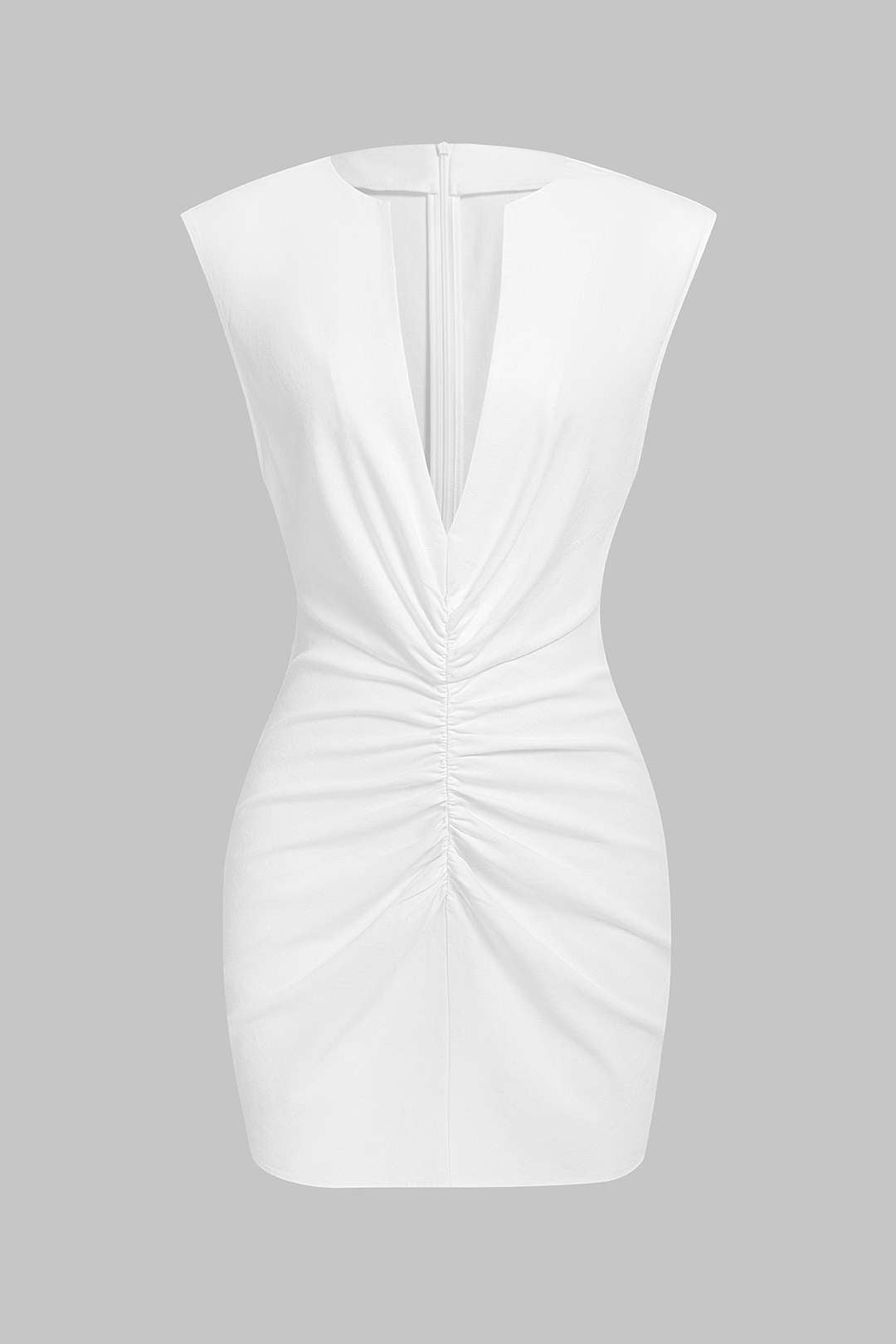 V-Neck Linen Ruched Zipper Sleeveless Mini Dress
