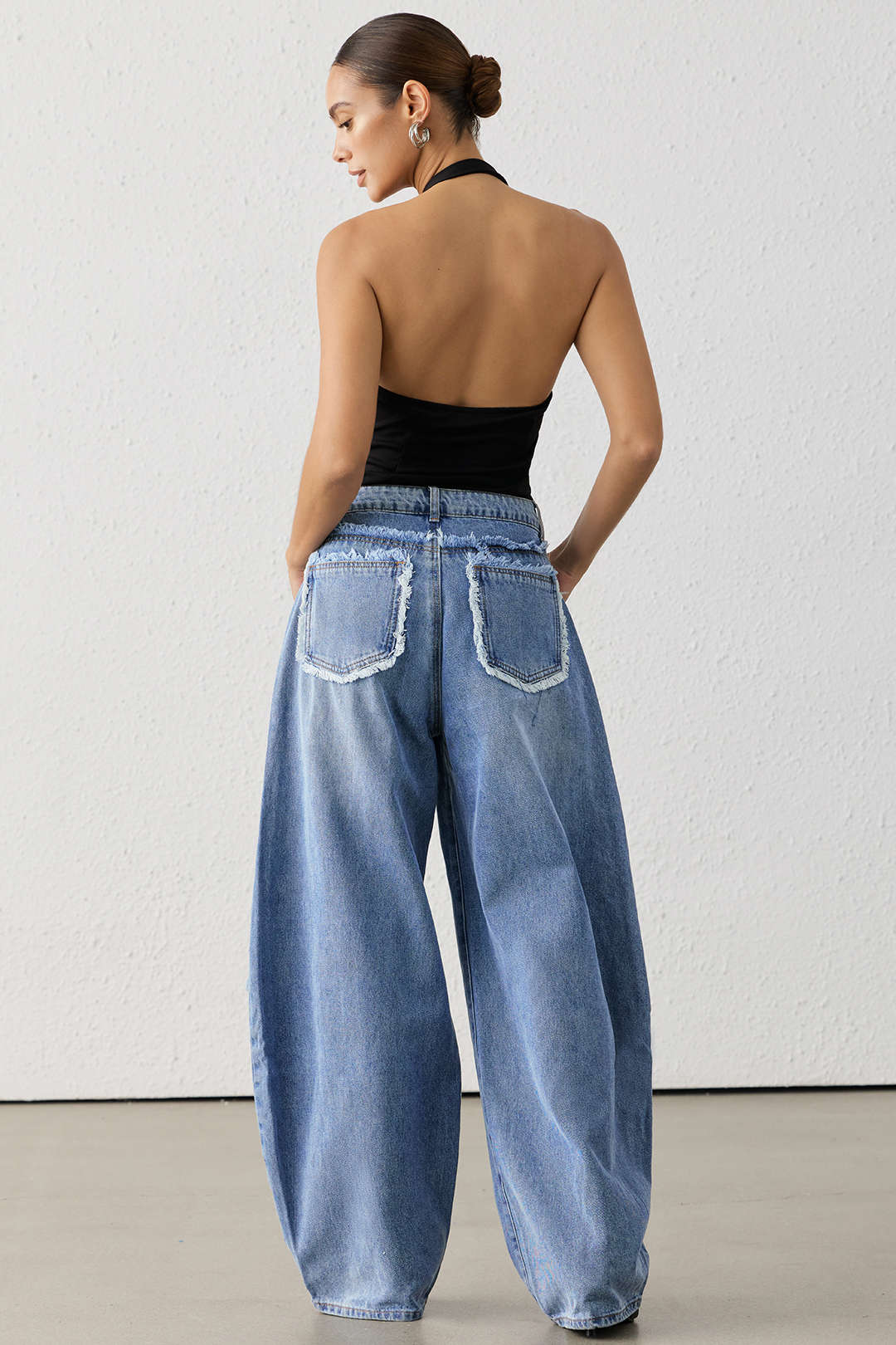 Denim Frayed Wide Leg Jeans