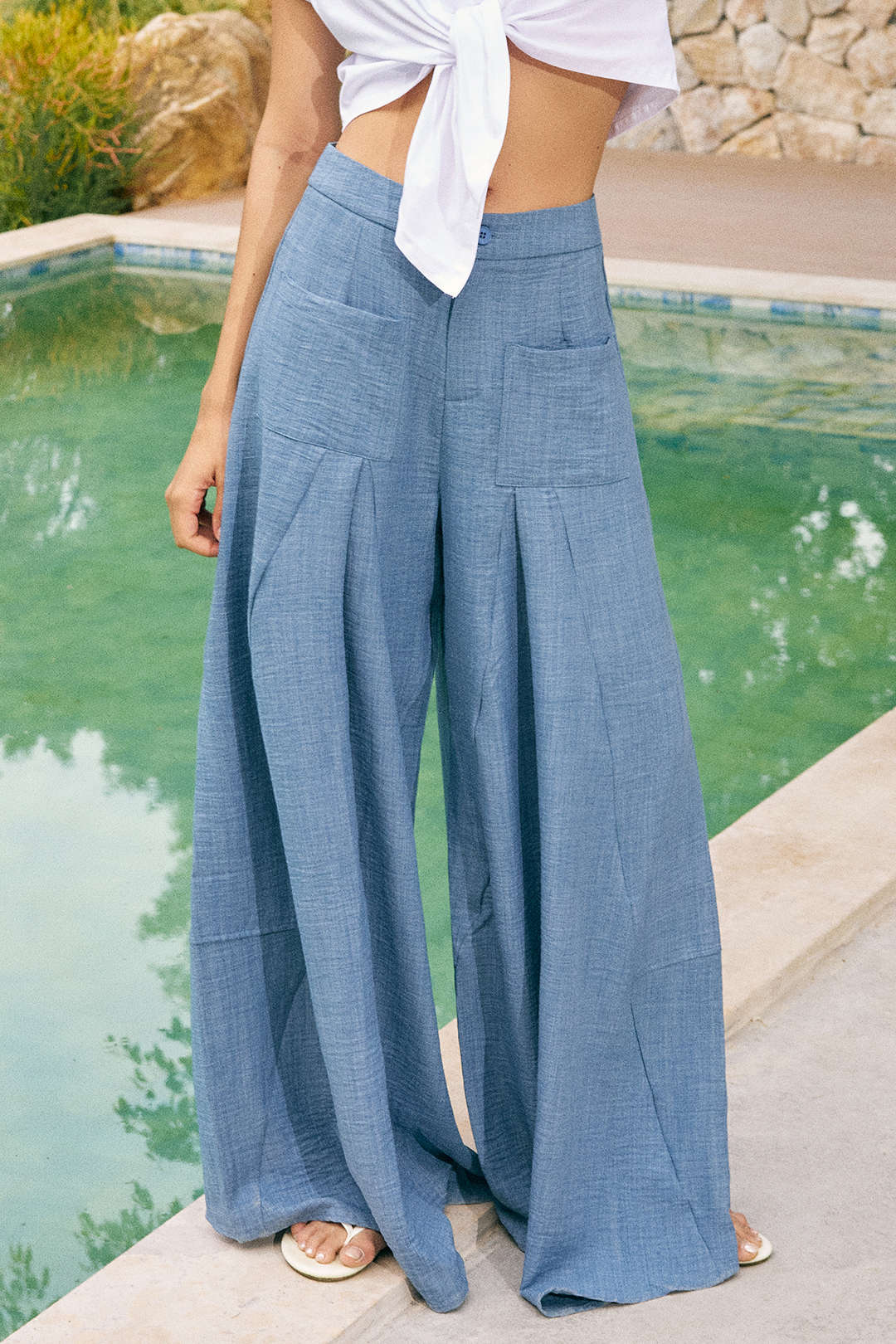 Ruched Zipper Pocket Wide Leg Trousers