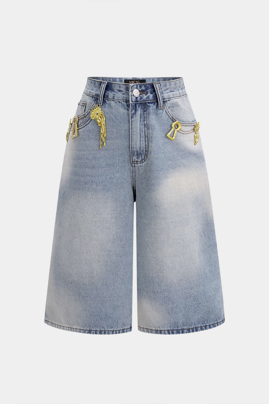 Metallinhohtoiset denim-koristeiset leveälahkeiset shortsit