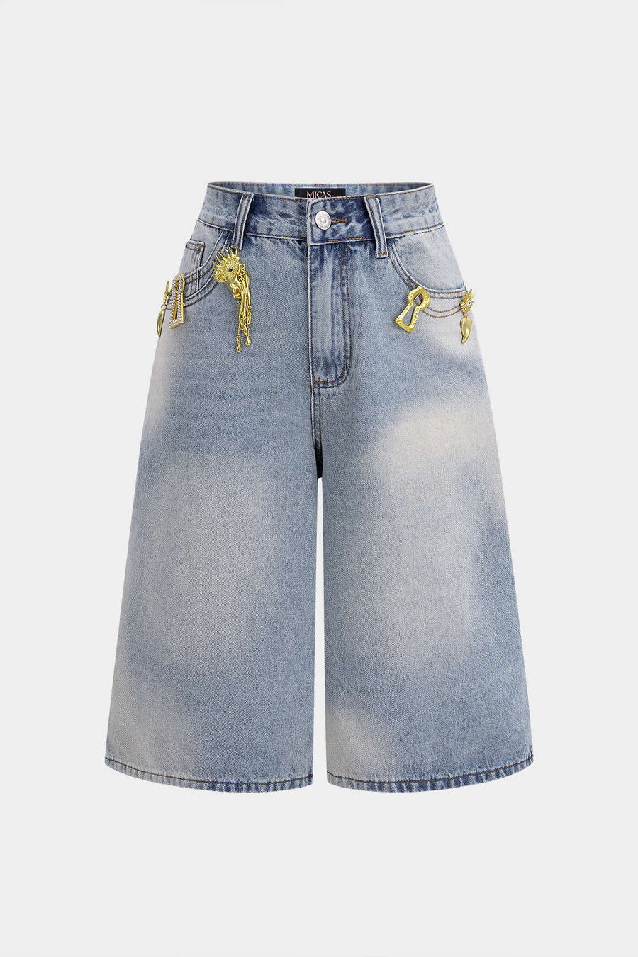 Metallinhohtoiset denim-koristeiset leveälahkeiset shortsit