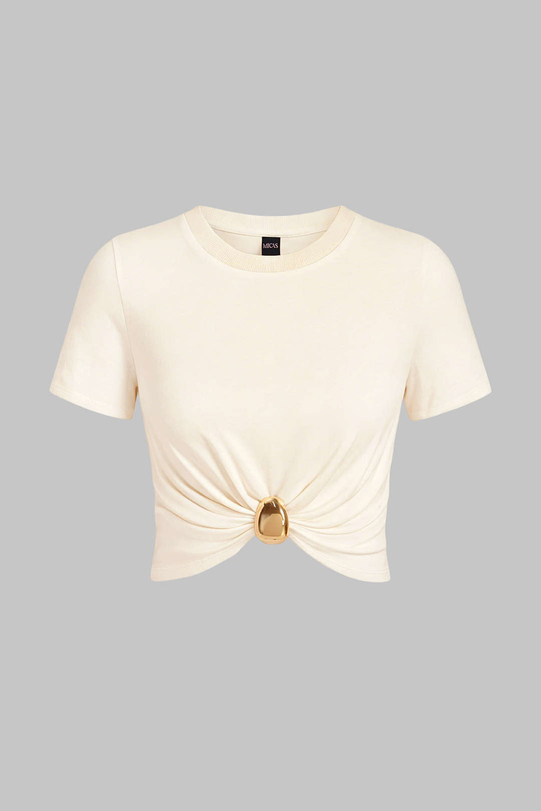 Round Neck Metallic Ruched Short Sleeve T-Shirt