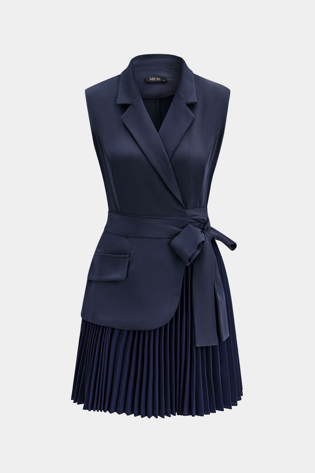 Notched Lapel Tie-Up Pleated Sleeveless Mini Dress