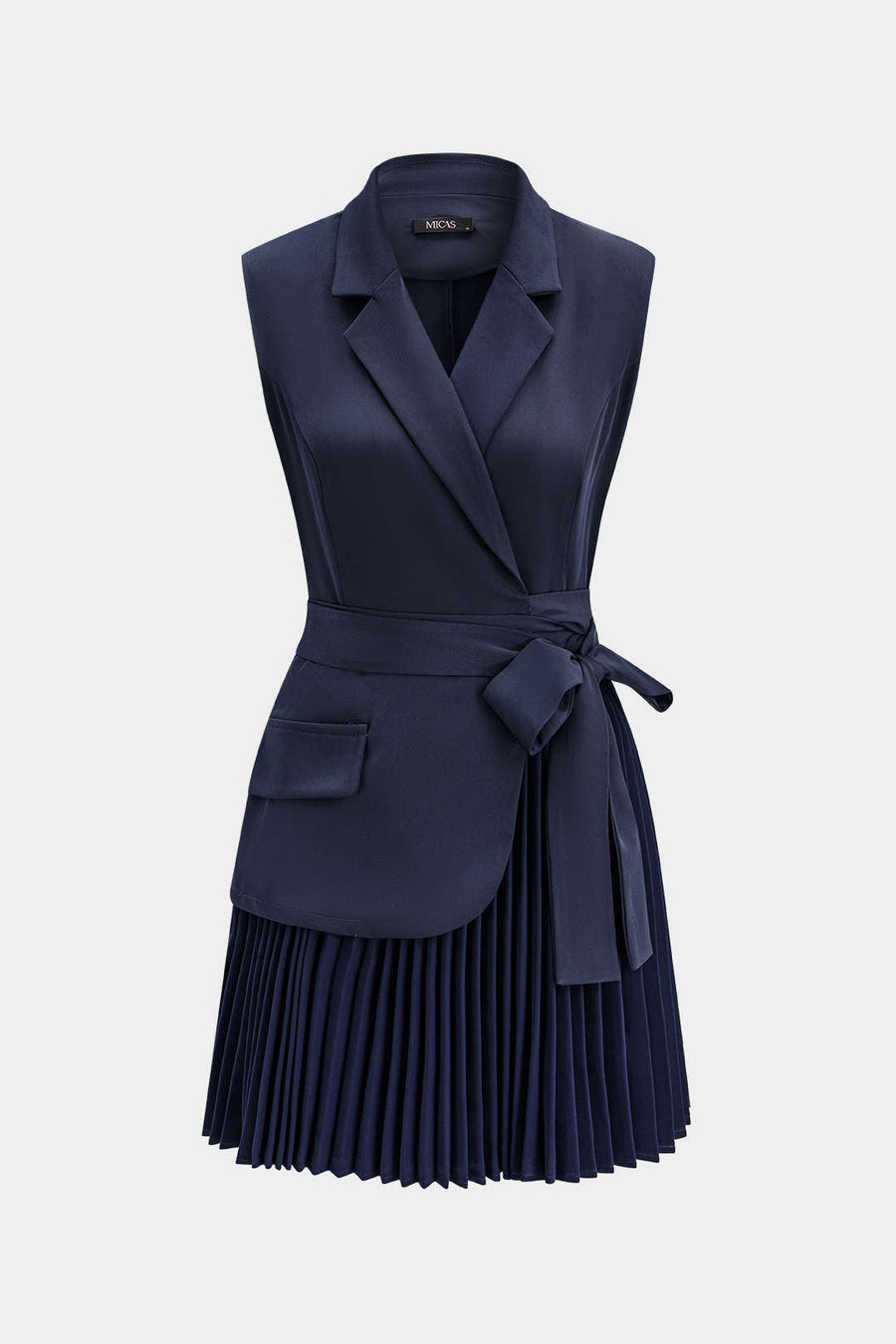 Notched Lapel Tie-Up Pleated Sleeveless Mini Dress