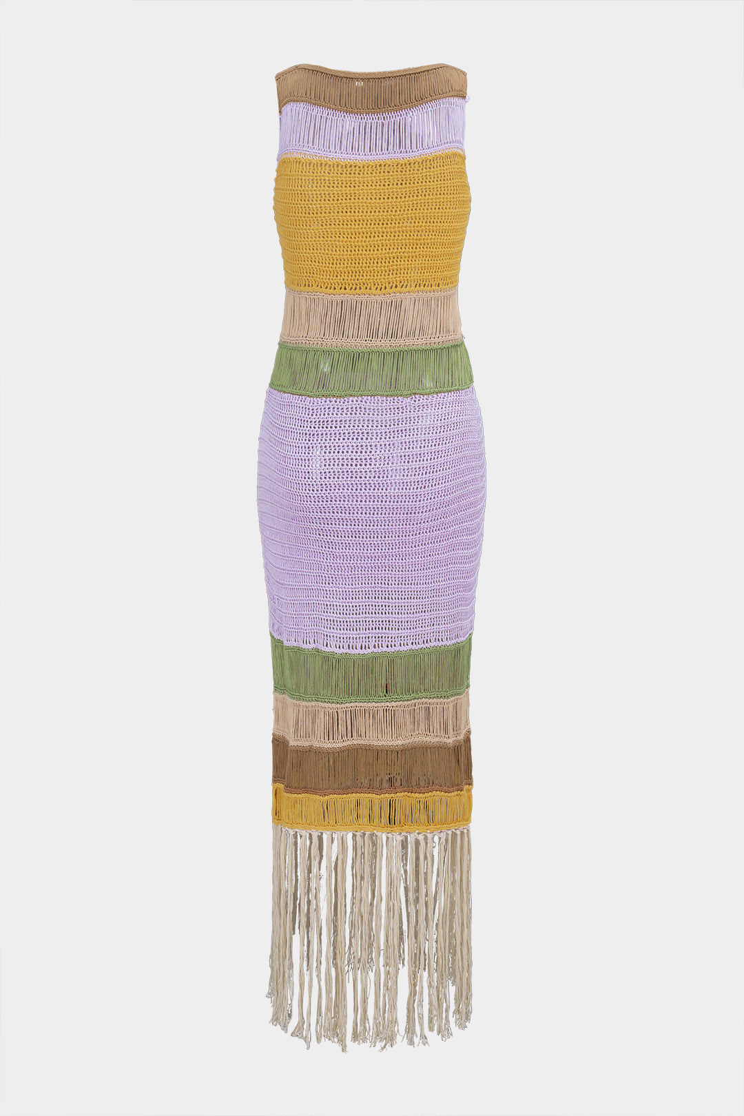 Open Knit Multicolor Round Neck Fringe Sleeveless Midi Dress