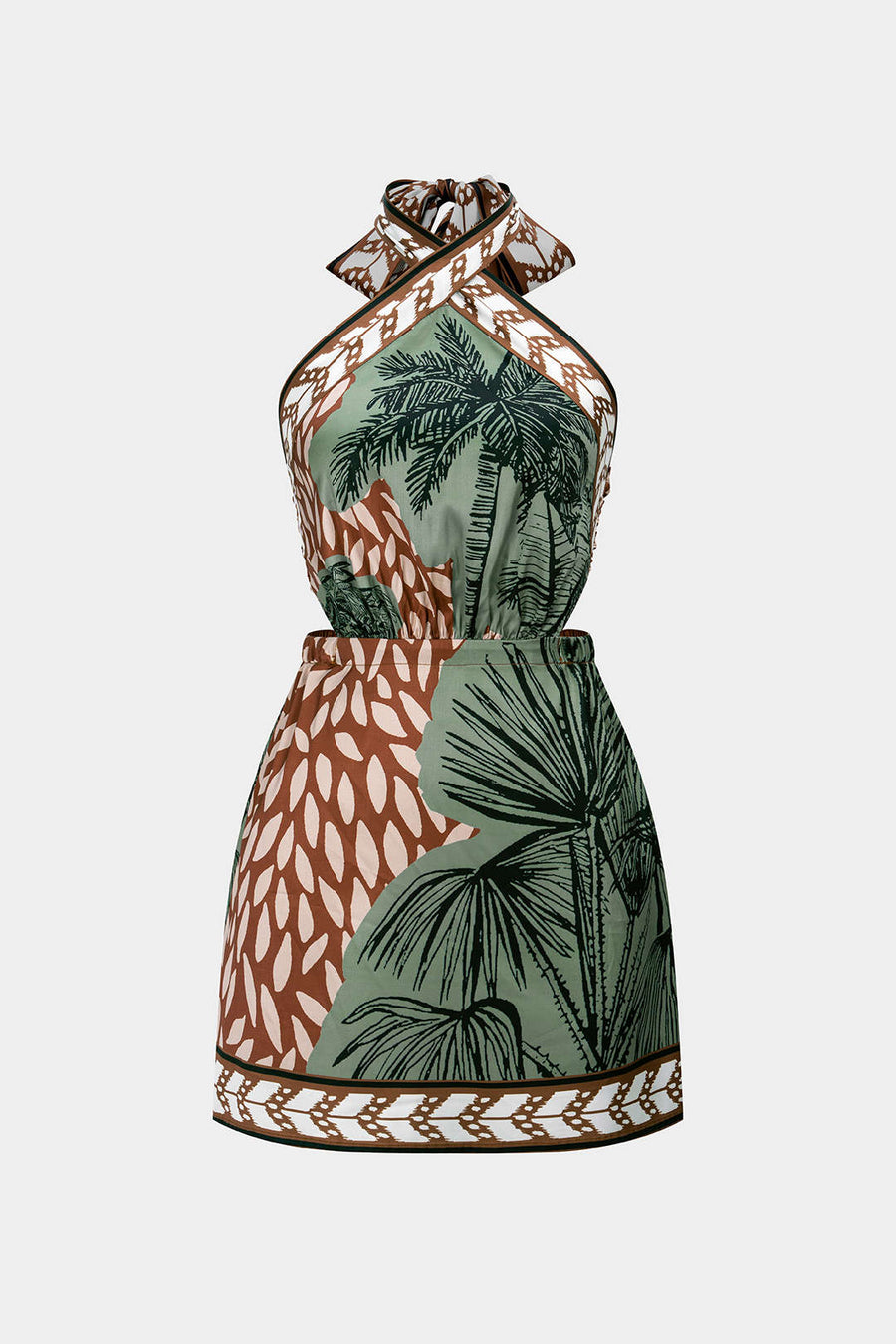 Leaves Print Satin Halter Neck Tie Back Backless Sleeveless Mini Dress