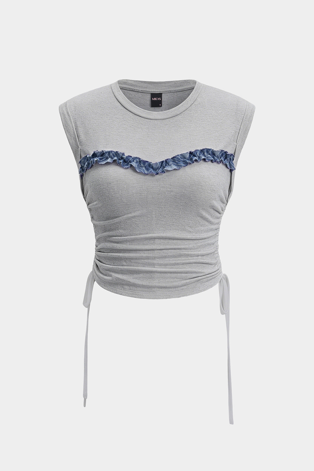 Patchwork Round Neck Tie-Up Short Sleeve T-Shirt