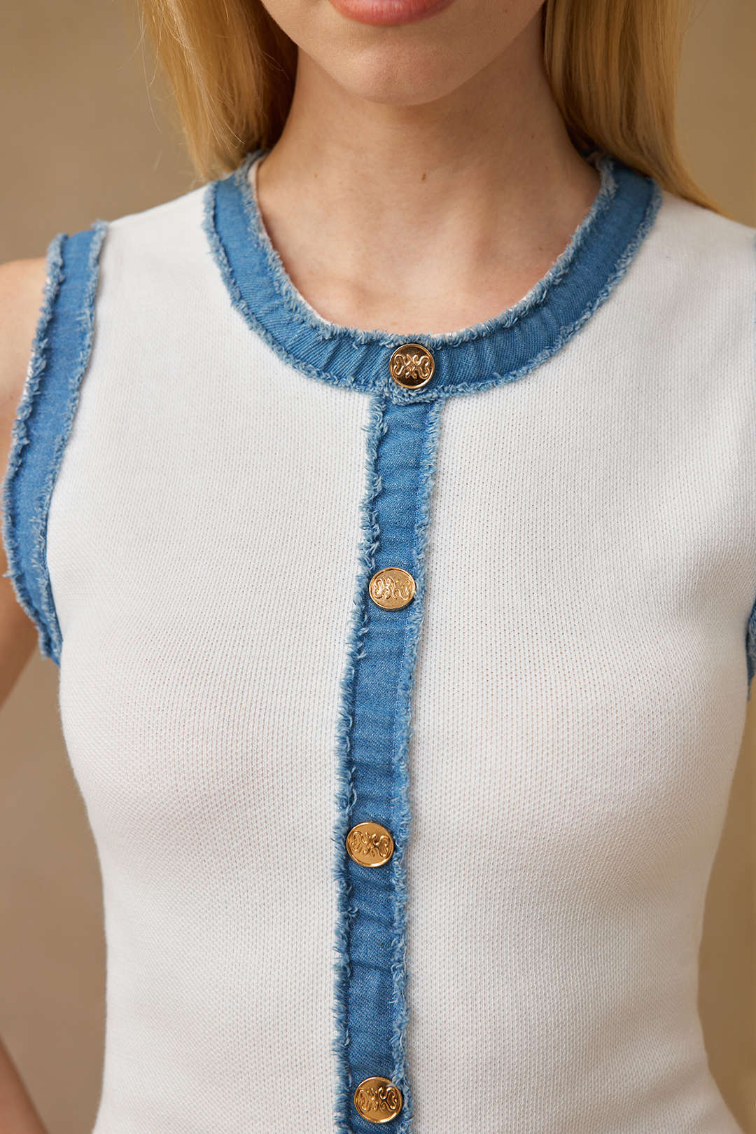 Knit Patchwork Denim Metallic Button Sleeveless Mini Dress