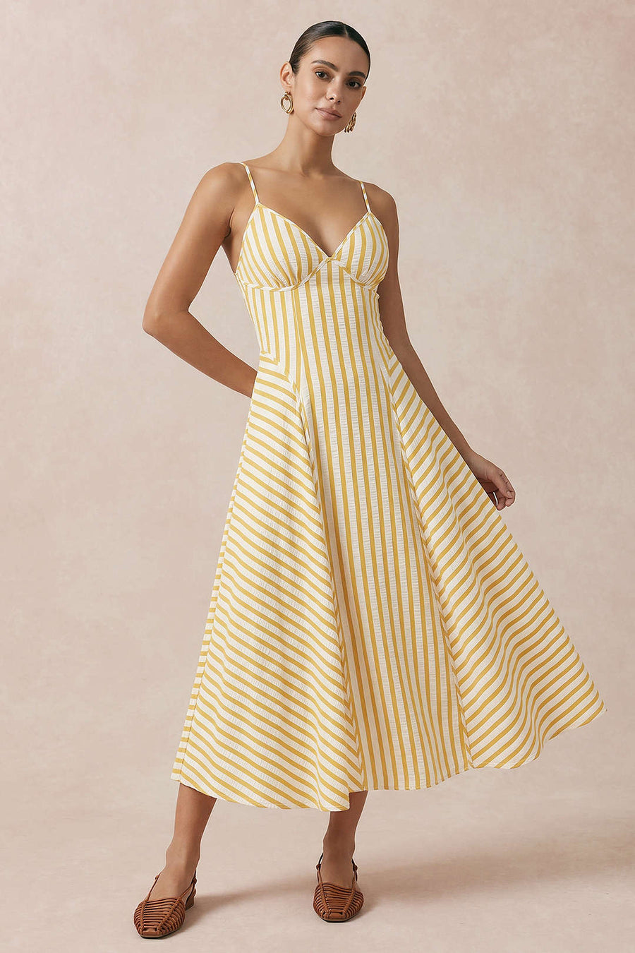 Stripes Print V-Neck Slip Sleeveless Midi Dress
