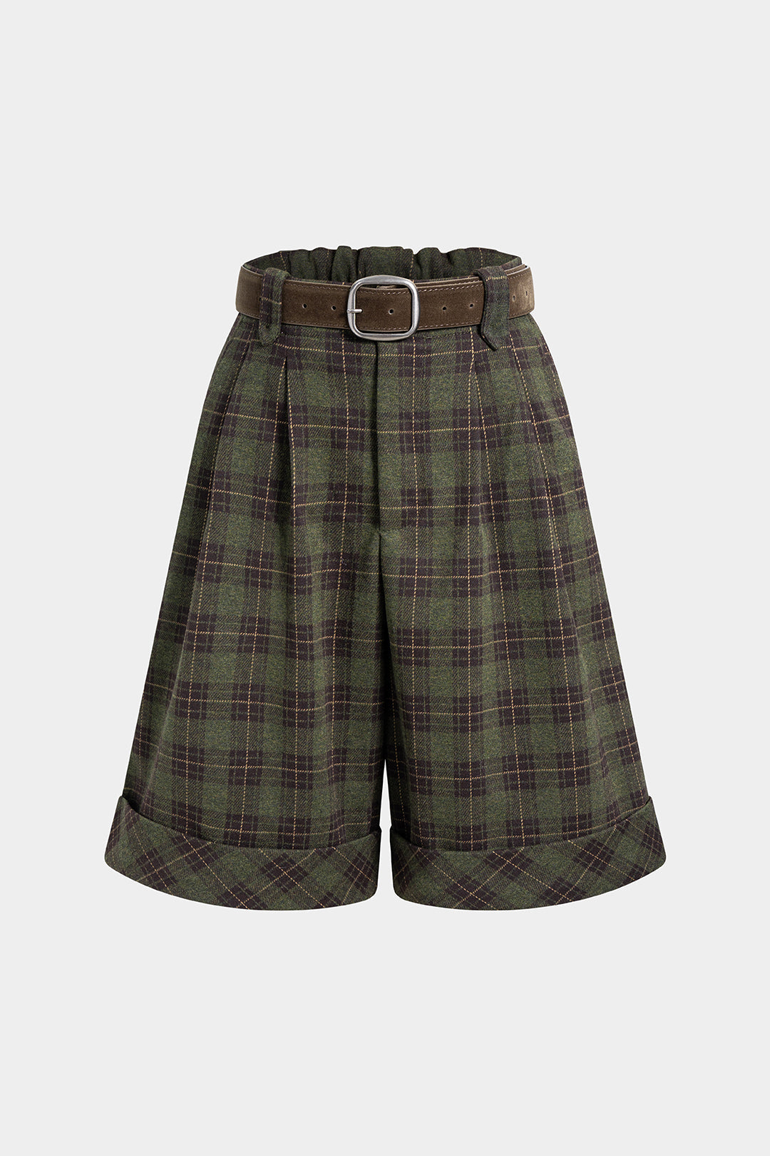Plaid Print Belted Cuffed Shorts