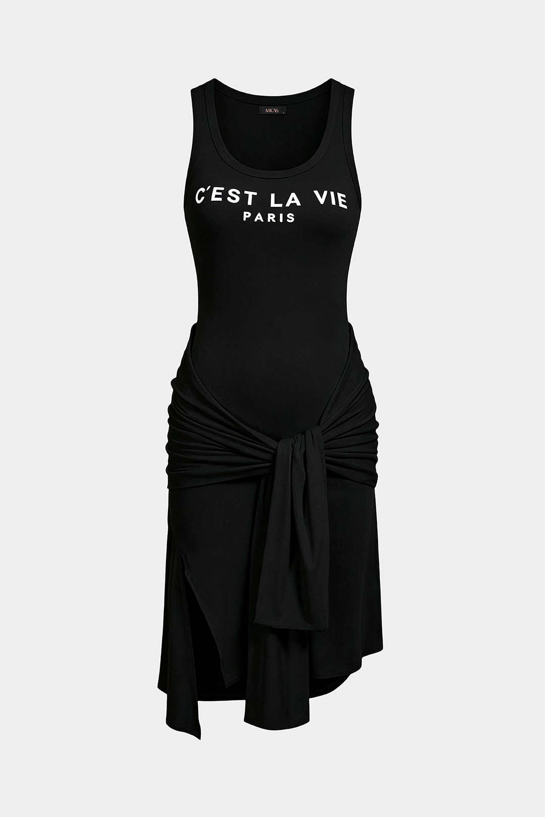 Letter Print Tie Front Round Neck Asymmetrical Slit Sleeveless Midi Dress