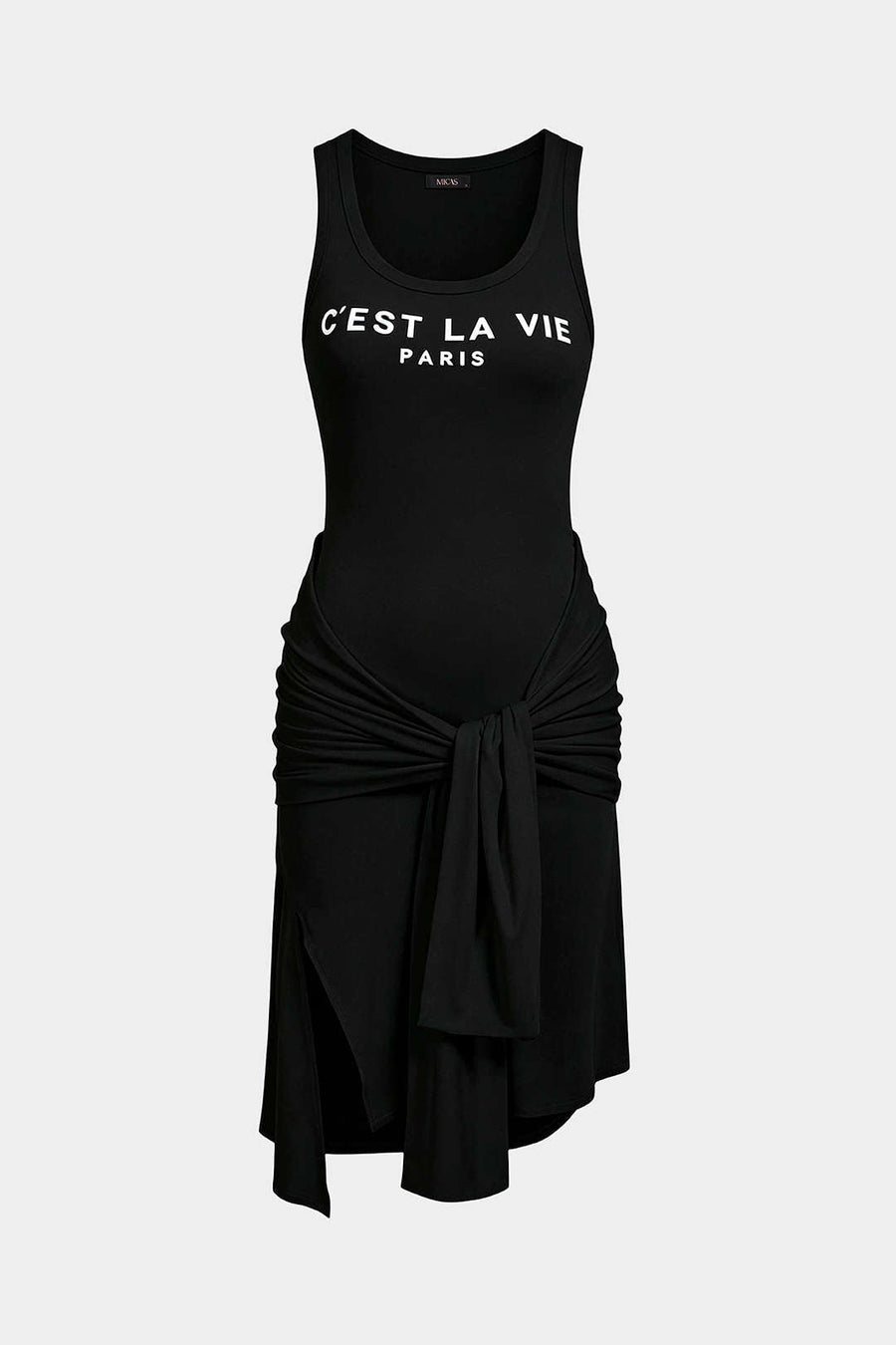 Letter Print Tie Front Round Neck Asymmetrical Slit Sleeveless Midi Dress