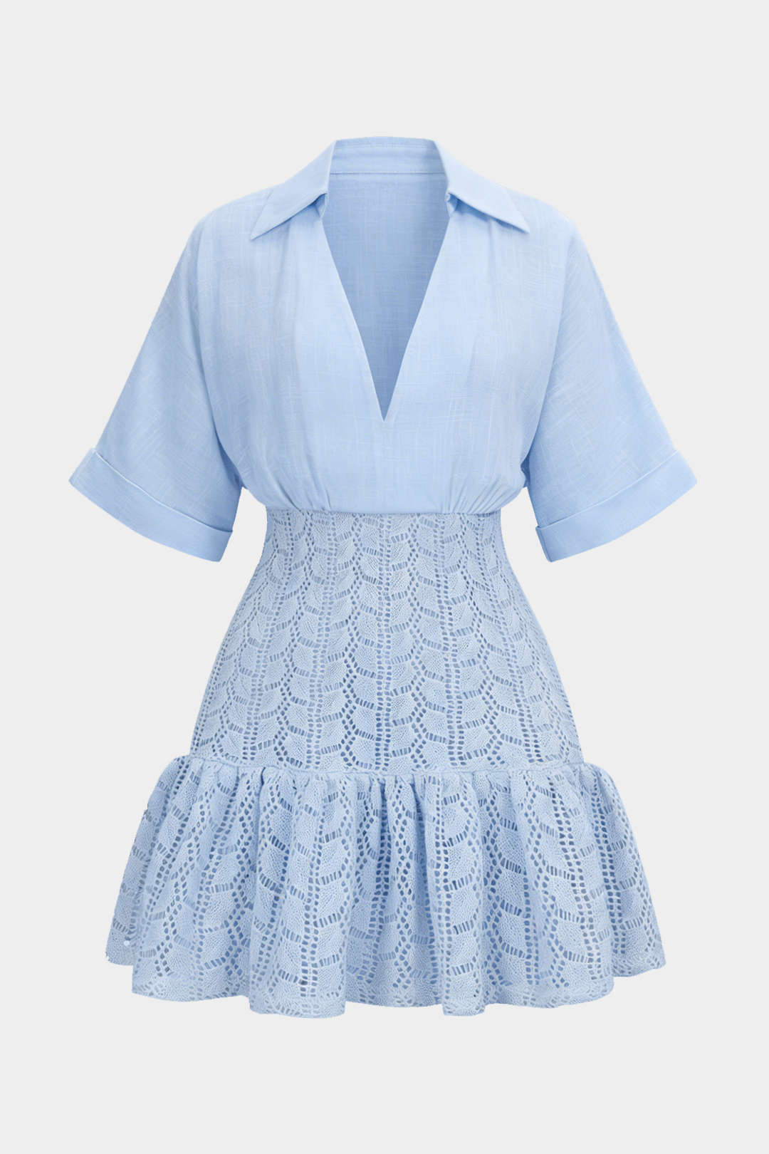 Jacquard Patchwork Linen Ruched V-Neck Short Sleeve Mini Dress