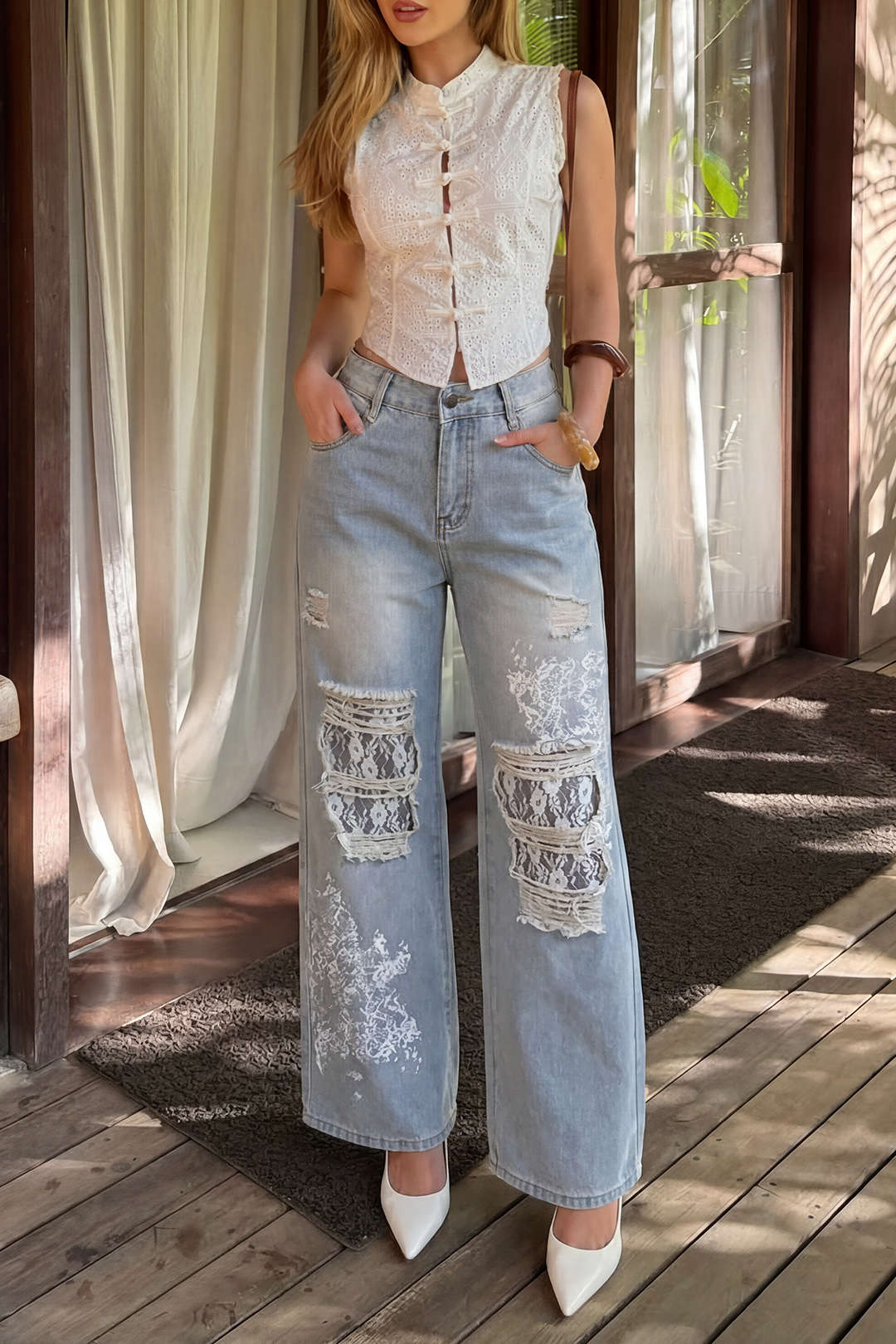 Denim Patchwork Lace Ripped High Waist Wide Leg Jeans
