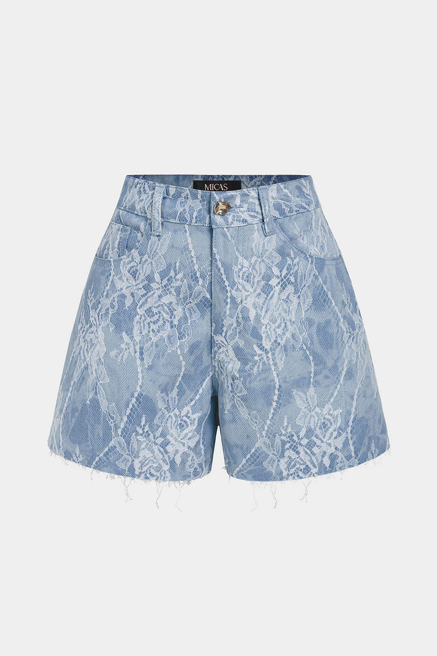 Denim Patchwork Lace Metallic Button Pocket Shorts